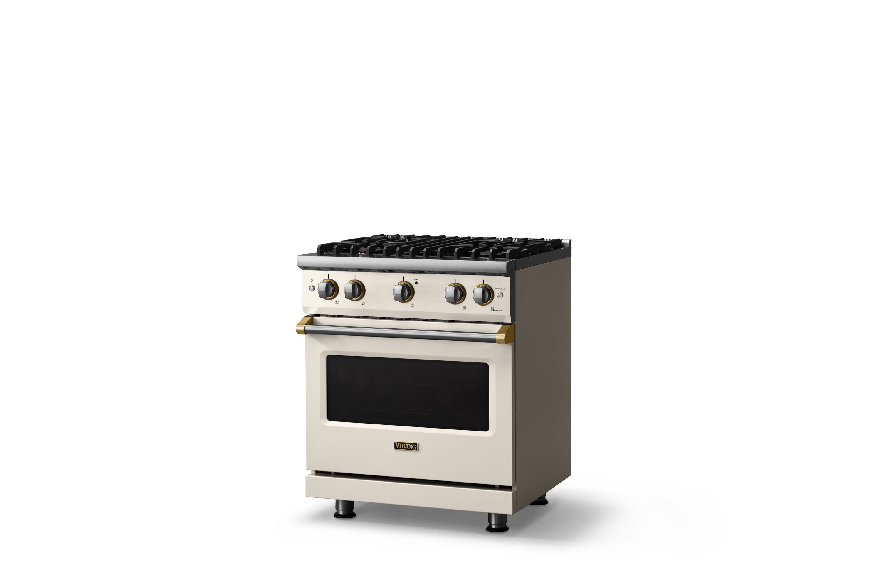 Angle. Viking - 30 in. Wide Pro 5 Series 4.0 Cu. Ft. Freestanding Sealed 4 Burner Gas Convection Range - Pure White/Brushed Brass - Pure White.