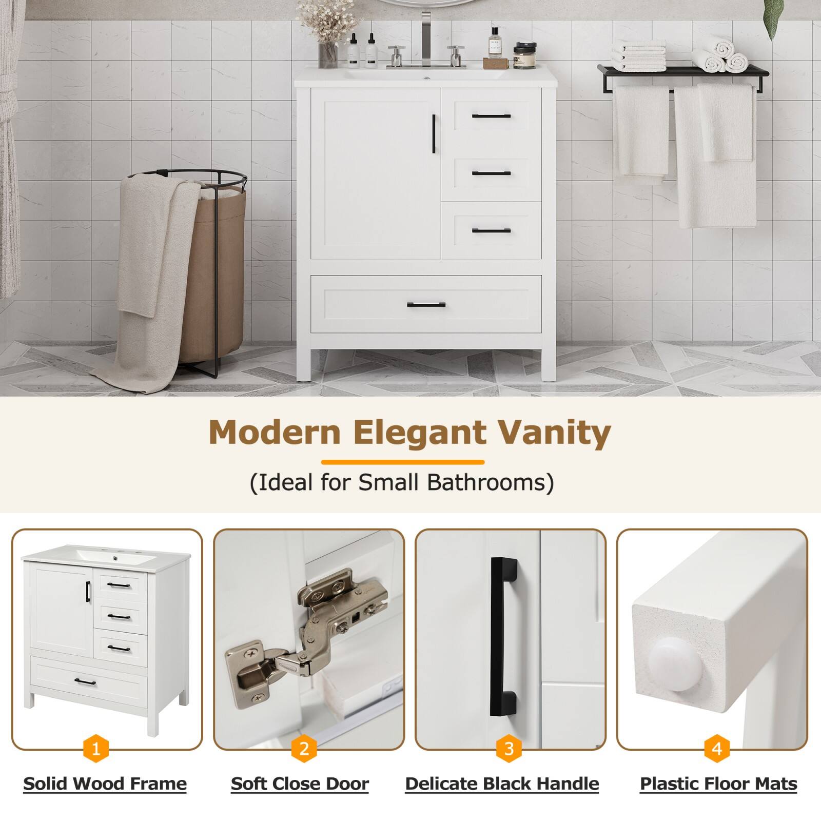 Modern Elegant Vanity  
(Ideal for Small Bathrooms)

1. Solid Wood Frame  
2. Soft Close Door  
3. Delicate Black Handle  
4. Plastic Floor Mats