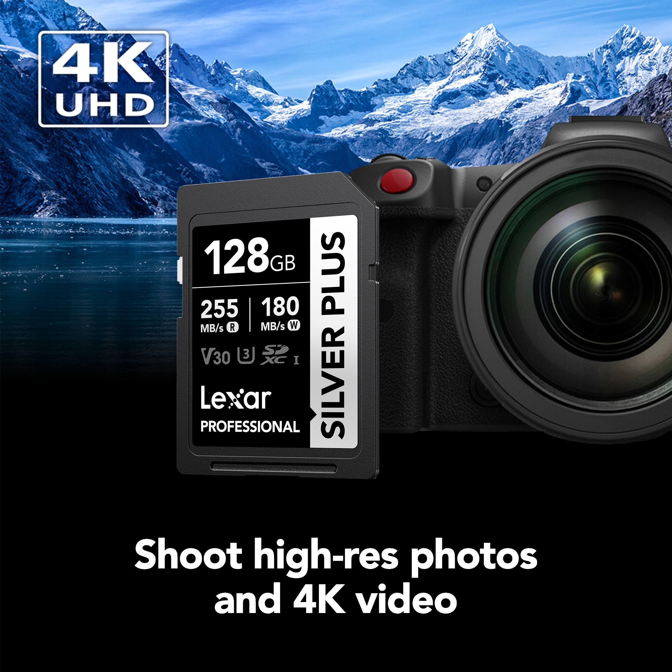 4K UHD 128GB PLUS 255 MB/s R 180 MB/s W V30 3 I PROFESSIONAL Lexar SILVER Shoot high-res photos and 4K video