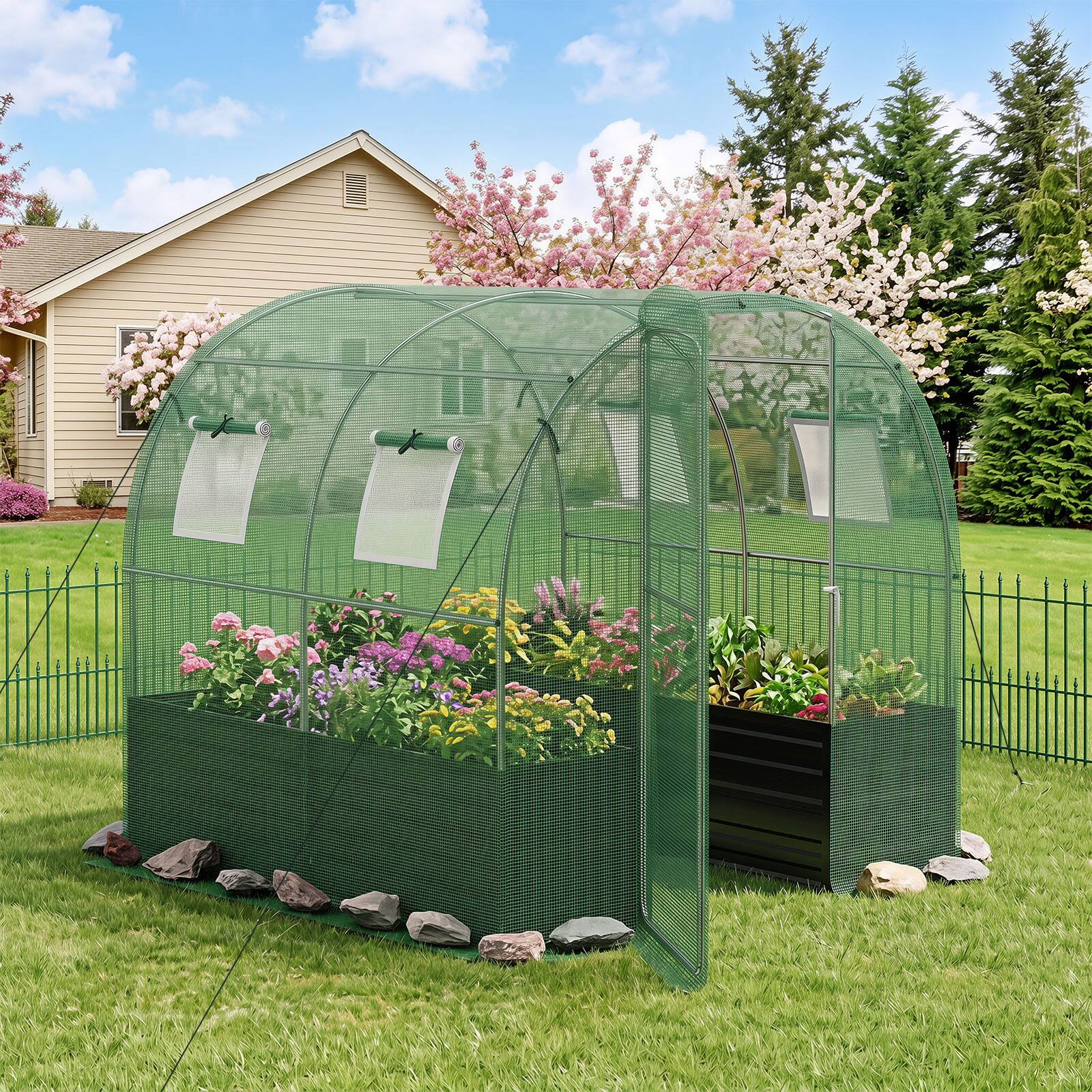 Alt View 1. Costway - Costway 80x79x79 Inches Walk-inhouse with Large Plant Bed, PE Cover, 4 Mesh Windows - Green + Black + Silver.