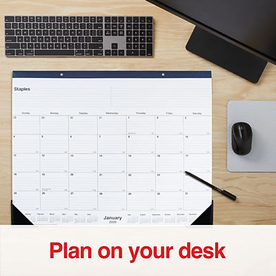 Sure, here is the corrected and grouped text:

---

**Staples**

**Plan on your desk**

---

**January 2026**

**Monday** | **Tuesday** | **Wednesday** | **Thursday** | **Friday** | **Saturday** | **Sunday**

1 | 2 | 3 | 4 | 5 | 6 | 7

8 | 9 | 10 | 11 | 12 | 13 | 14

15 | 16 | 17 | 18 | 19 | 20 | 21

22 | 23 | 24 | 25 | 26 | 27 | 28

29 | 30 | 31

---