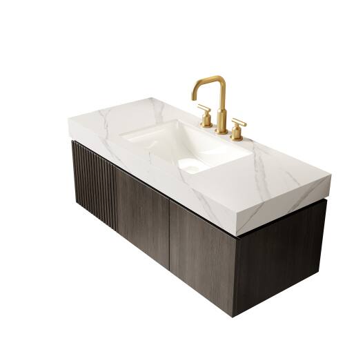 Back. JUJABU - 48" Floating Bathroom Vanity & Sink, Carrara White Sintered Stone Top & Ceramic Basin - Carrara White.