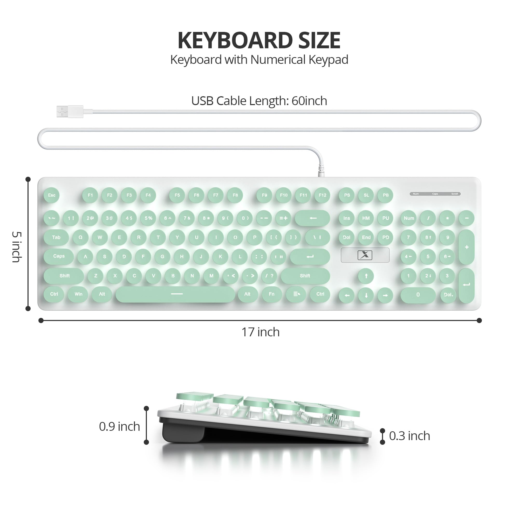 **KEYBOARD SIZE**  
Keyboard with Numerical Keypad  
USB Cable Length: 60 inch  

**Dimensions:**  
- Width: 17 inch  
- Height: 5 inch  
- Thickness: 0.9 inch  
- Key Height: 0.3 inch