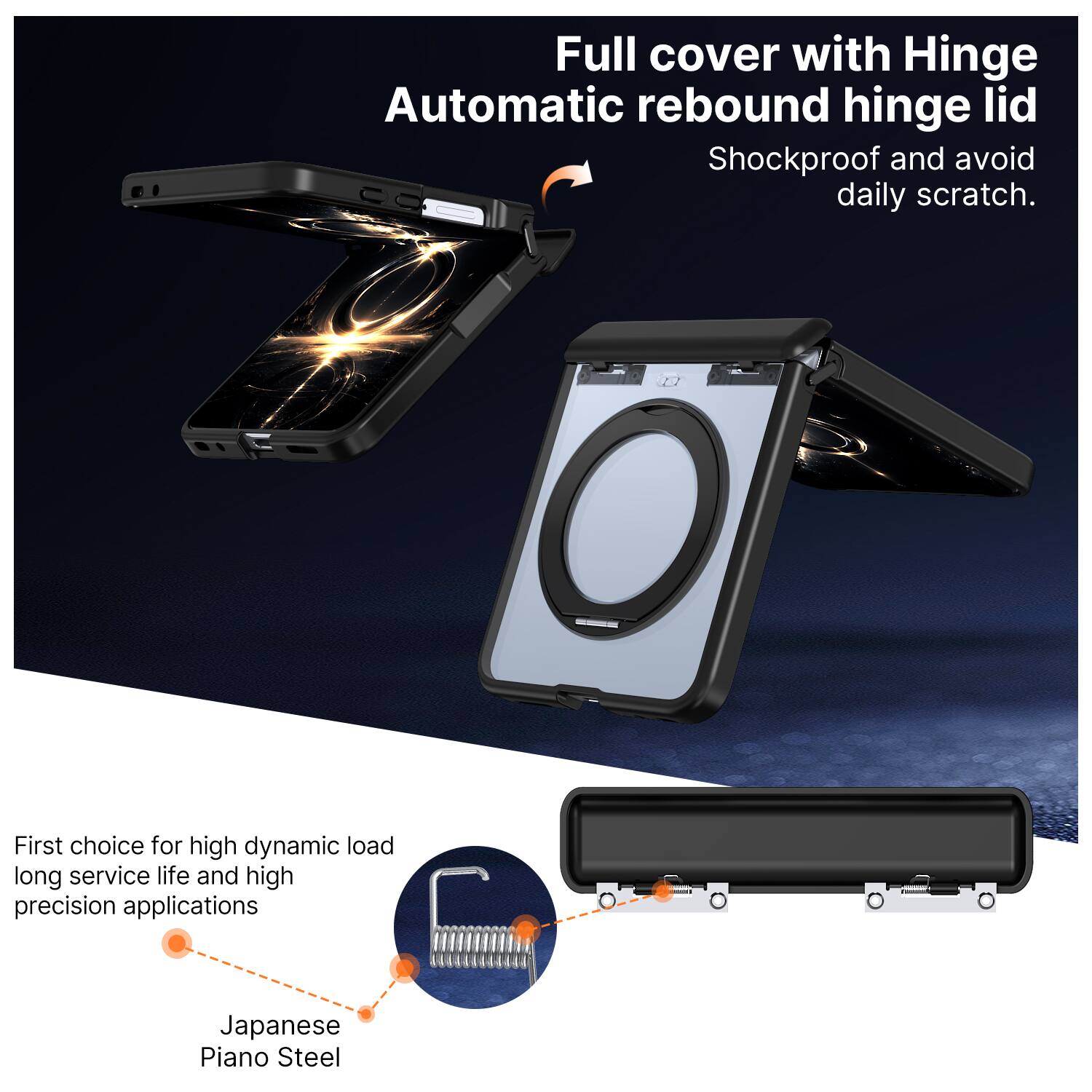 Full cover with Hinge Automatic rebound hinge lid  
Shockproof and avoid daily scratch.  

First choice for high dynamic load long service life and high precision applications  
Japanese Piano Steel