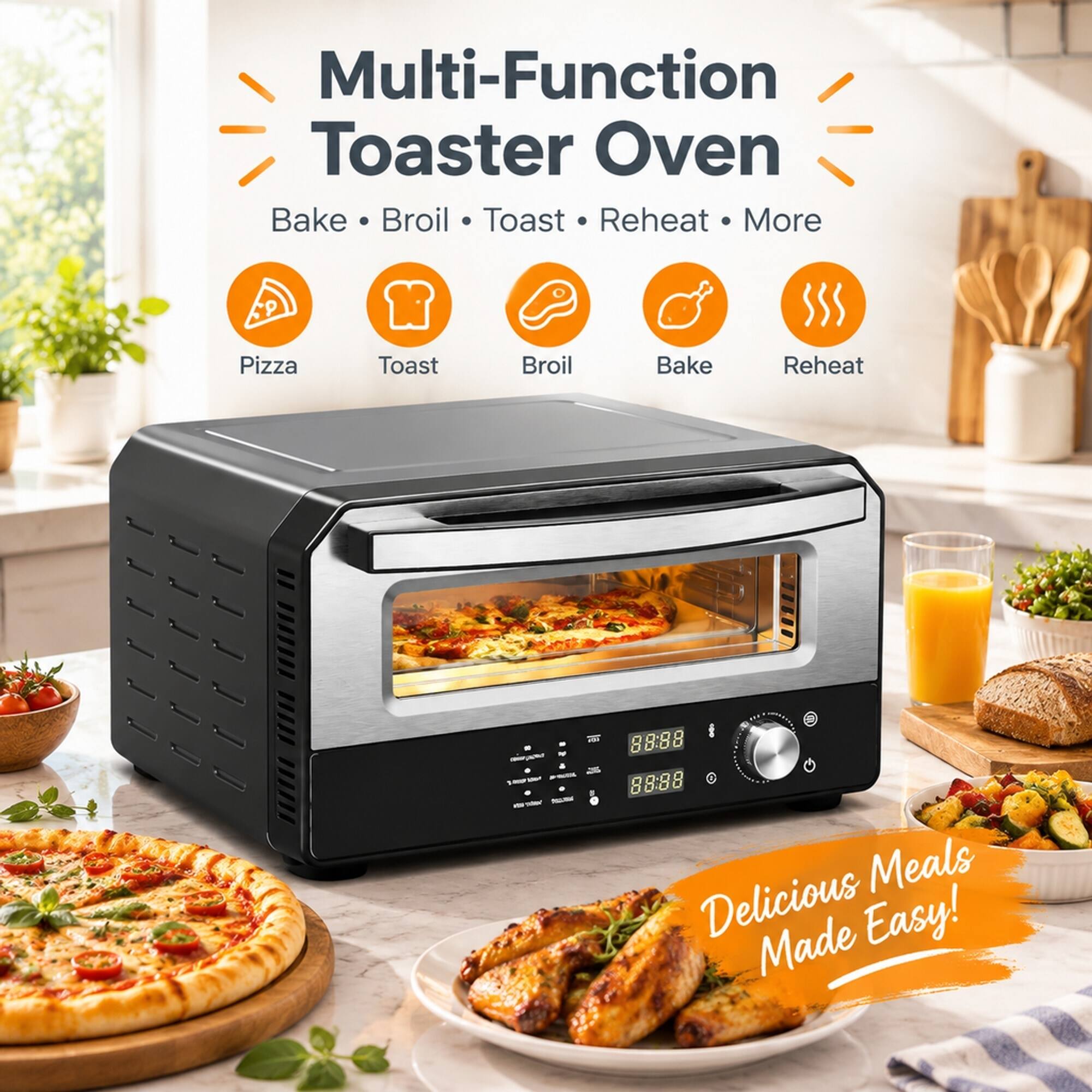 Multi-Function Toaster Oven  
Bake • Broil • Toast • Reheat • More  

Pizza  
Toast  
Broil  
Bake  
Reheat  

- - = 1000 100ml POST $ 40% bette -  

Delicious Meals Made Easy!