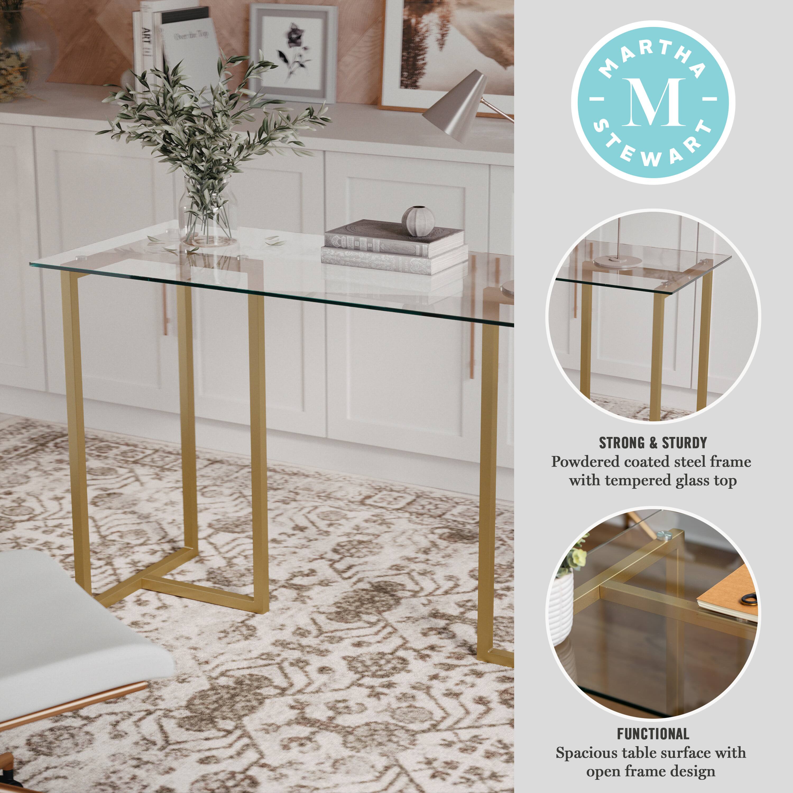 MARTHA STEWART Strong & Sturdy Powdered coated steel frame with tempered glass top FUNCTIONAL Spacious table surface with open frame design