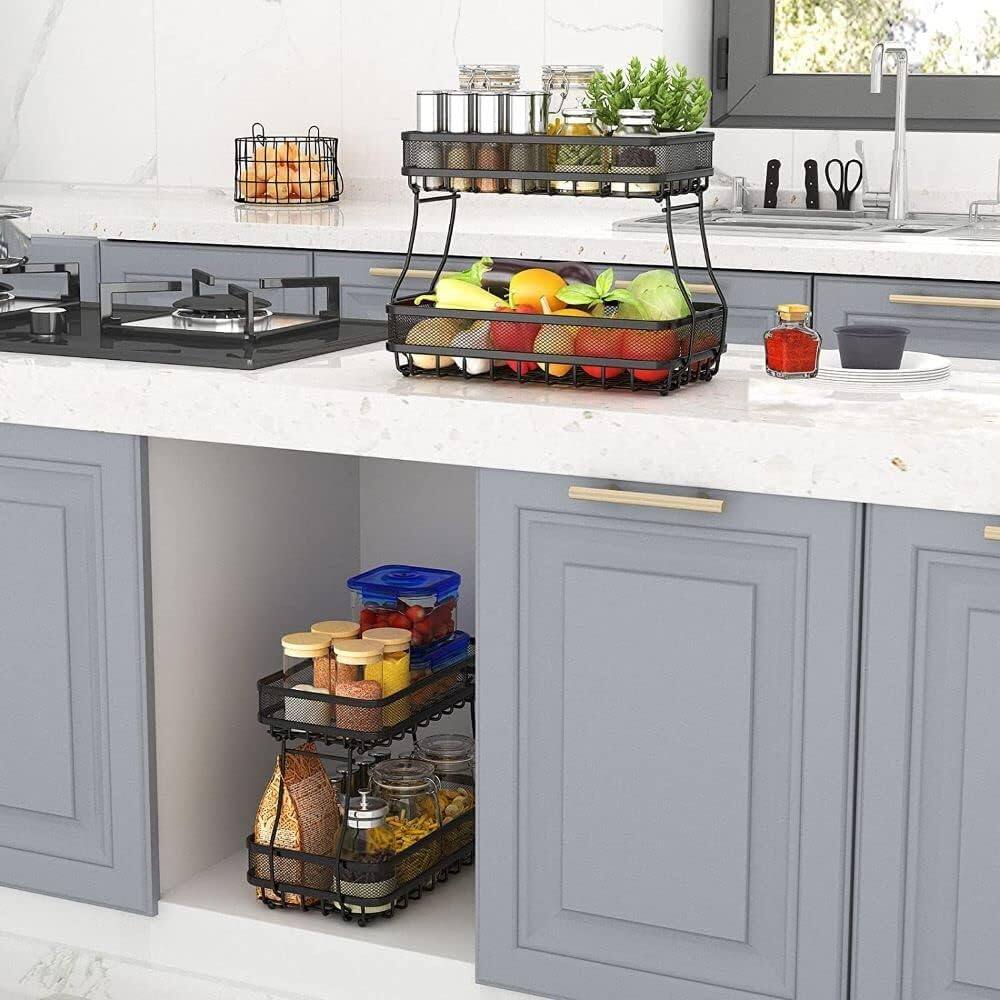 Alt View 2. Adivo - 2-Tier Fruit Basket with Hanging Hooks, Heavy-Duty Metal Countertop Produce Organizer - Black.