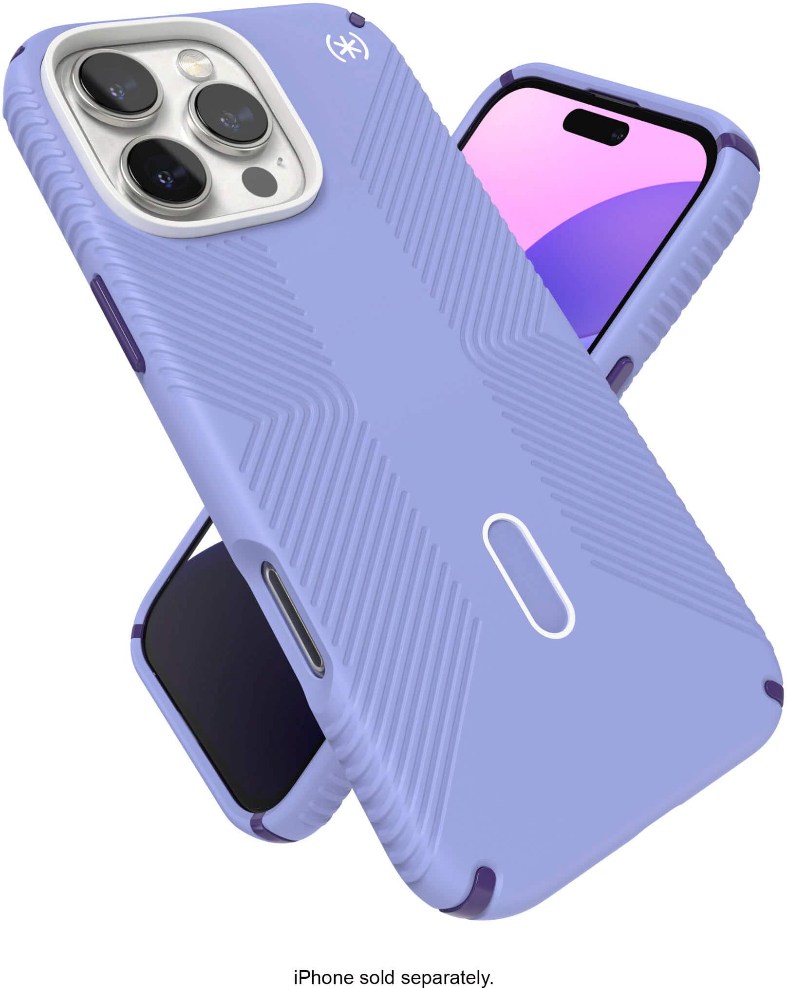 The image shows a purple case for an iPhone, with the case placed on top of the phone. The case is made of hard plastic and has a purple hue. The case is designed to protect the iPhone from scratches and minor impacts. The image also indicates that the iPhone is sold separately, meaning that the case is not included with the phone.