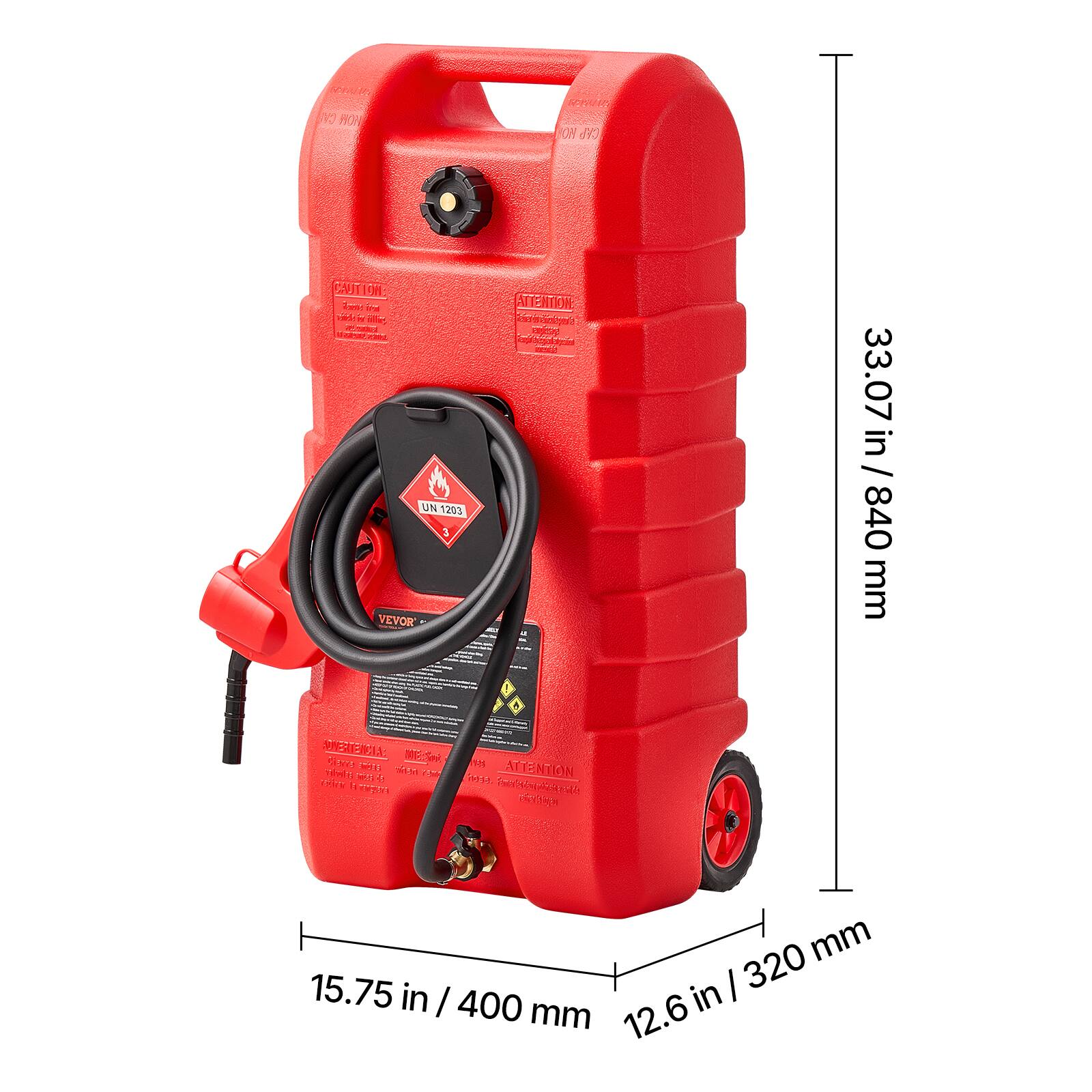 UN 1203, 33.07 in / 840 mm, 15.75 in / 400 mm, 12.6 in / 320 mm, VEVOR, ATTENTION, SEIE L ME 2 en, a F S, n 3 WOH ACNR RON CAP SVIT OM - 1 - a F S, AH ATTENTION WIT aR :o