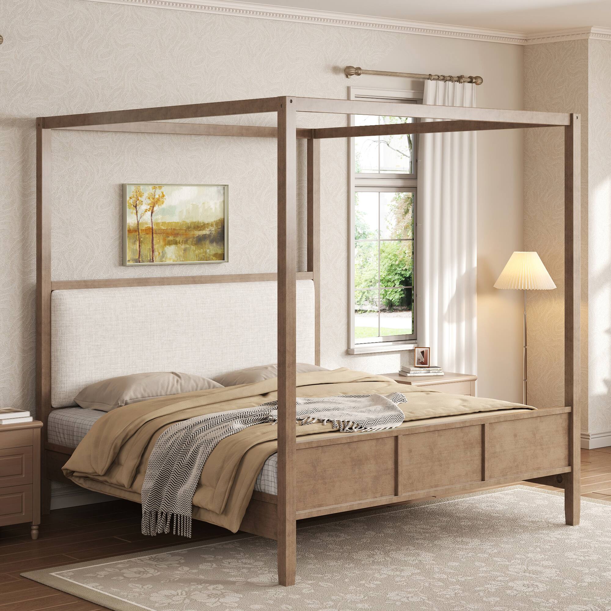 Front. Whisen - Queen size Wooden Canopy Platform bed with Upholstery Headboard for Bedroom, No Box Spring Needed - Natural Walnut.