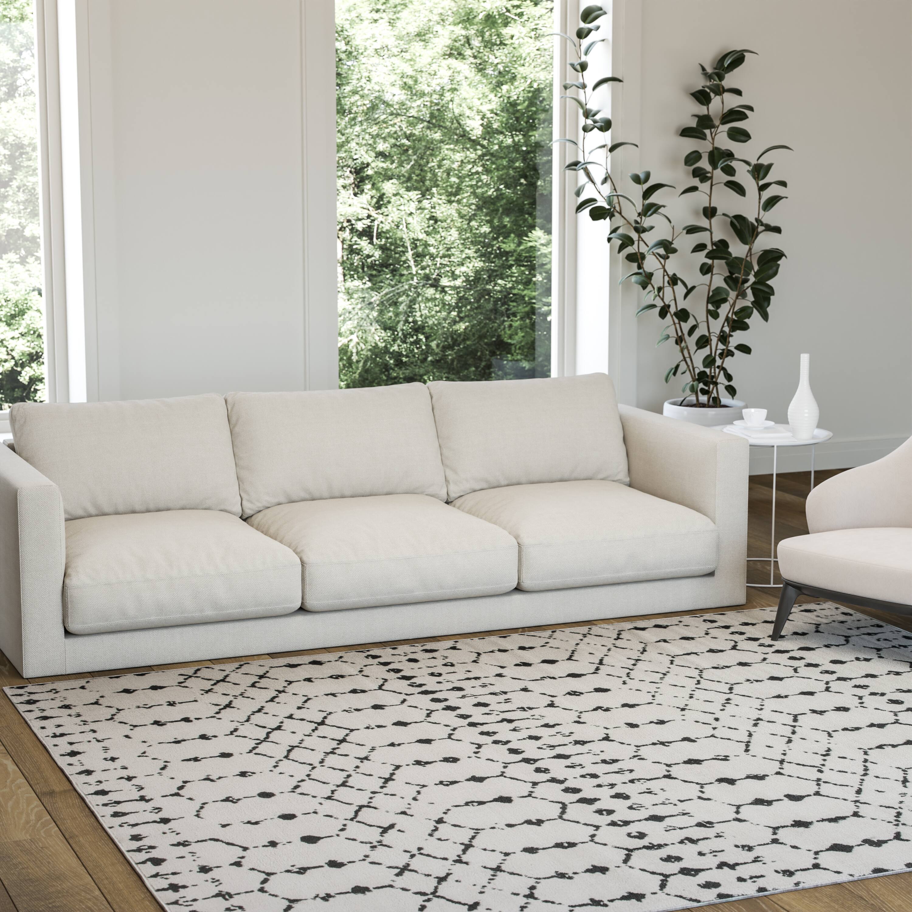 Alt View 2. Emma + Oliver - Modern Design Geometric Bohemian Low Pile Area Rug - Ivory/Black.