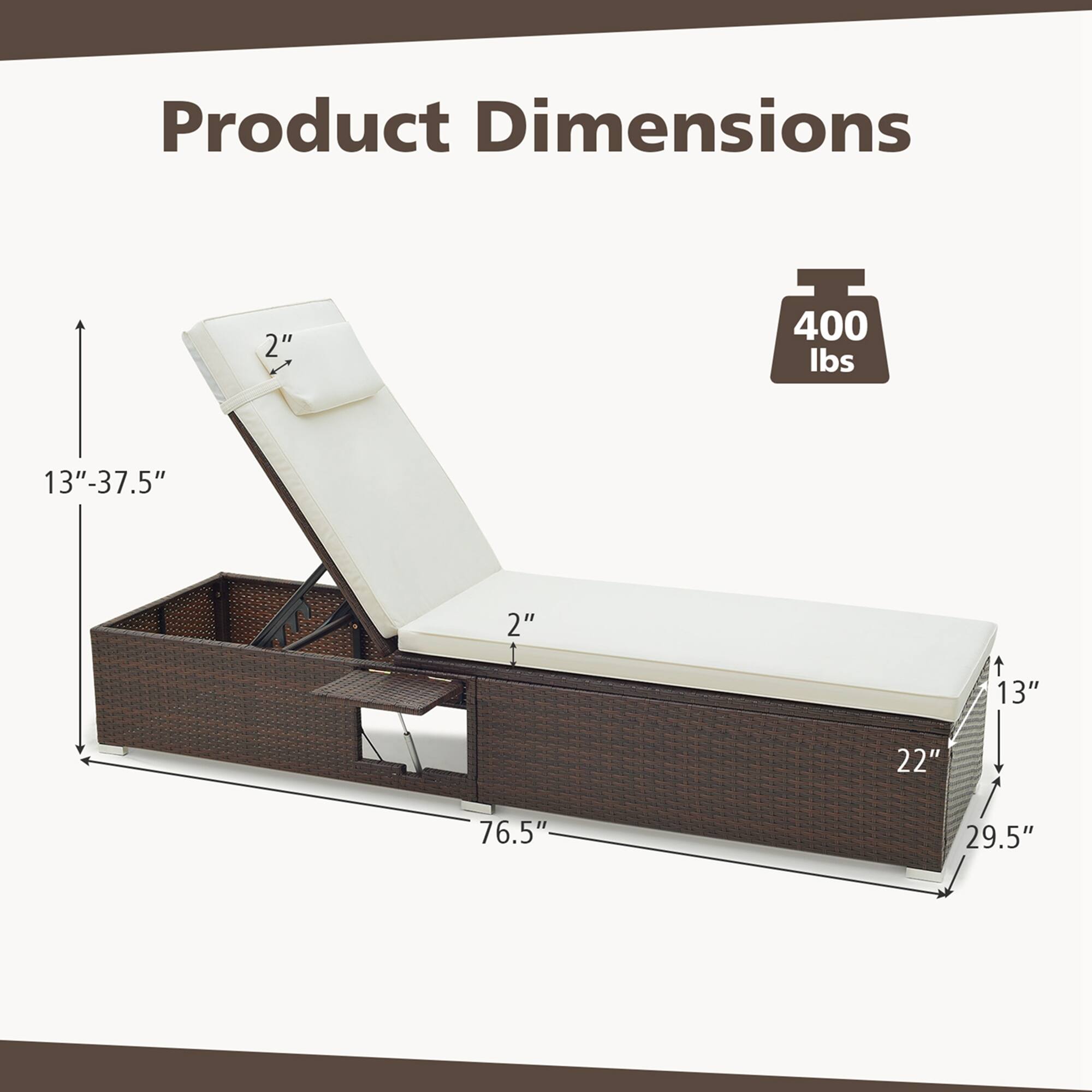 Product Dimensions: 2" x 400 lbs, 13"-37.5" x 2" t, 13" x 22" x 76.5" x 29.5".