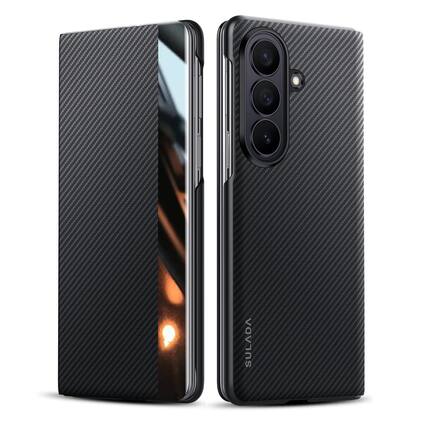 Front. Dteck - Full Body Wallet Case for Samsung Galaxy Z Fold 7, Carbon Fiber Texture Magnetic Shockproof Leather Cover - Black.