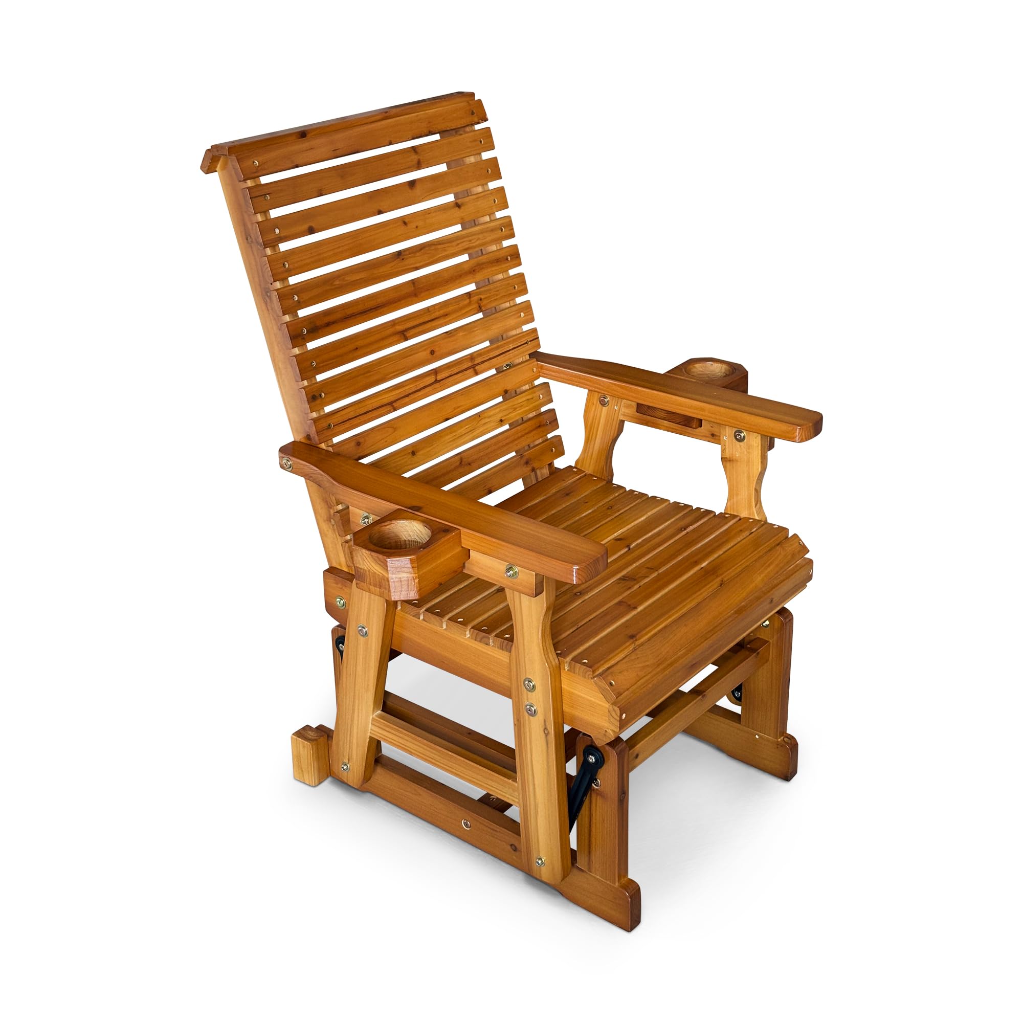 Angle. Fortune Candy - Wooden Patio Glider with High Back and Deep Contoured Seat, Solid Fir Wood, Heavy Duty 600 LBS for Porch Yard Garden - Teak Tone.