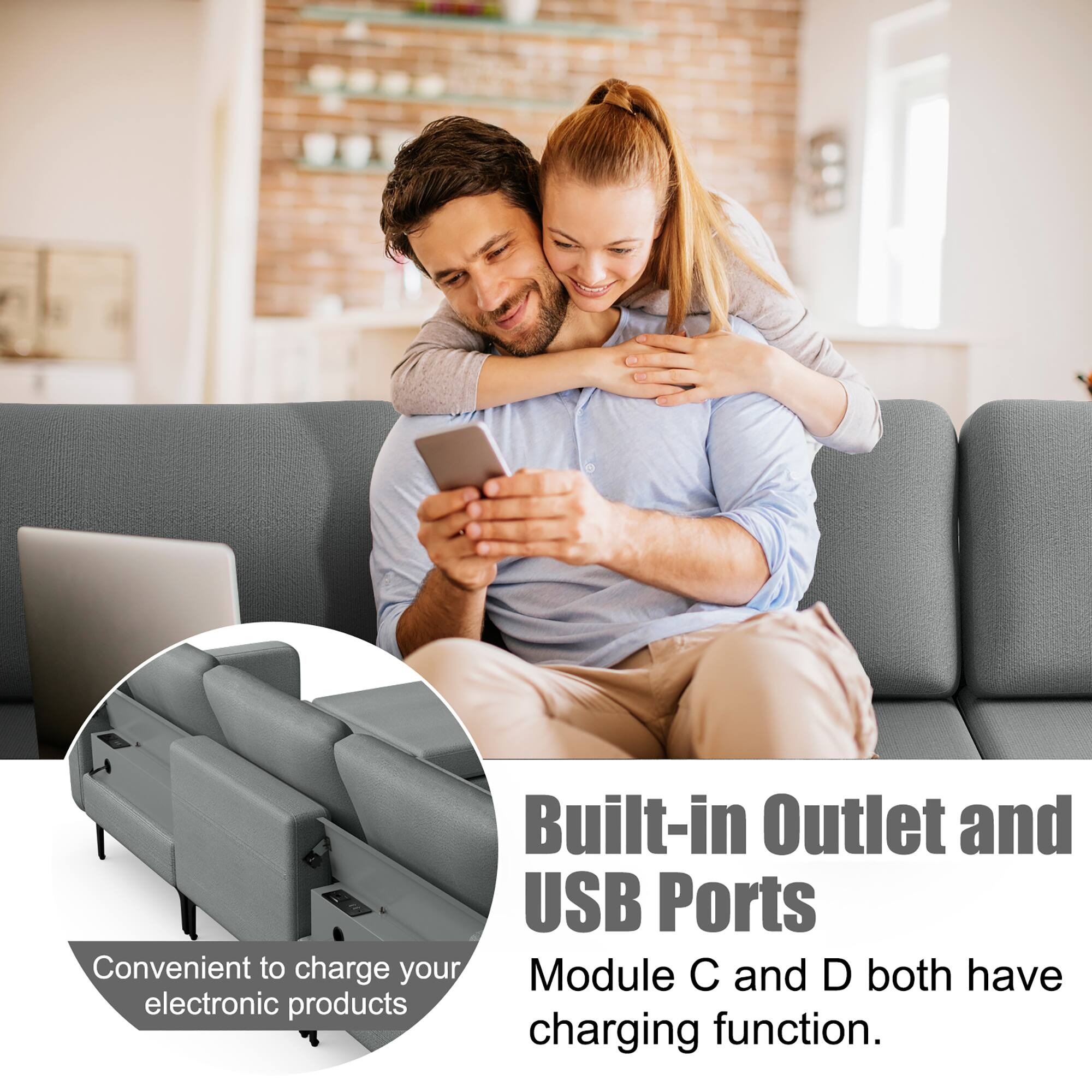 Built-in Outlet and USB Ports  
Convenient to charge your electronic products  
Module C and D both have charging function.