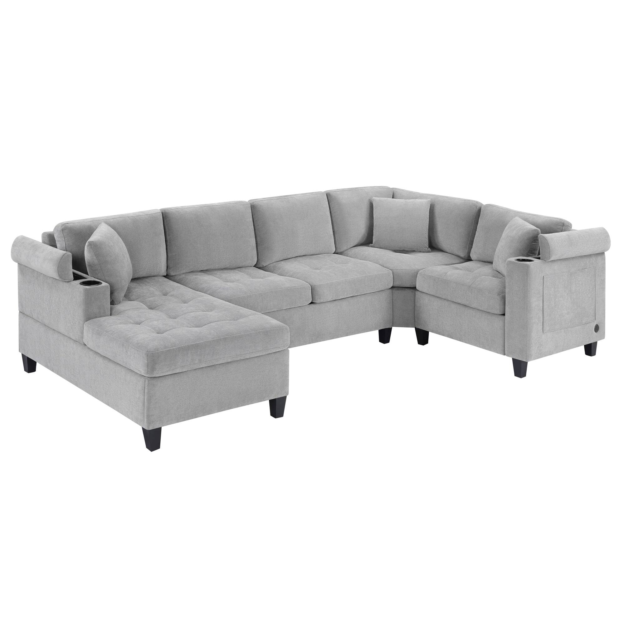 Alt View 1. Boyel Living - Modern U-shaped Sectional Sofa 115.7 inch with Built-in Cup Holders Storage Space and USB Ports in Light Gray - Light Gray.