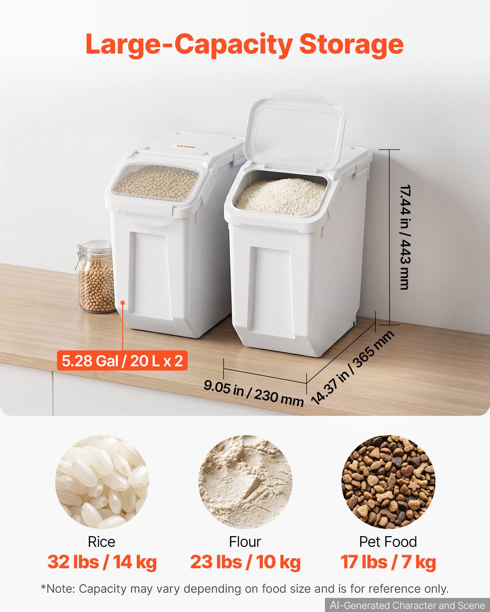Large-Capacity Storage

WITH 17.44 in/443 mm

5.28 Gal/20 L x 2

9.05 in / 230 mm

14.37 in / 365 mm

Rice Flour Pet Food

32 lbs / 14 kg

23 lbs / 10 kg

17 lbs / 7 kg

*Note: Capacity may vary depending on food size and is for reference only.

AI-Generated Character and Scene