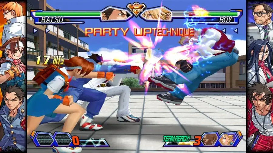 The text on the image is grouped as follows:

1. "JUSTICE BATSU PARTY UPTECHNIQUE ROY"
2. "1 17 HITS O TERMREADY!"
3. "3"