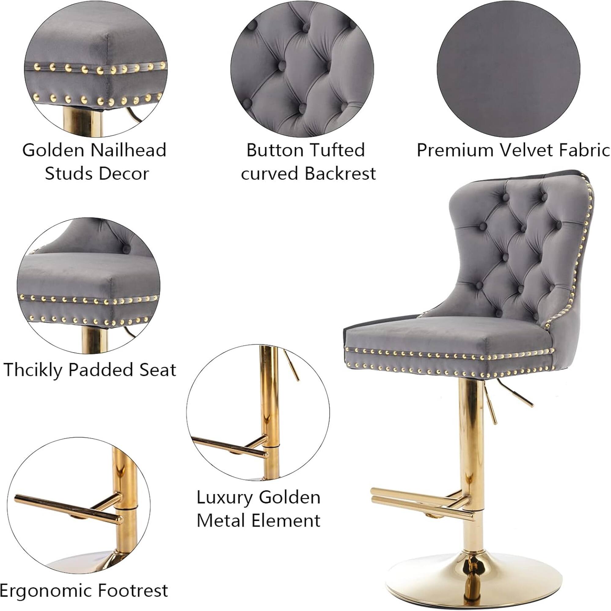 - Golden Nailhead Studs Decor
- Button Tufted curved Backrest
- Premium Velvet Fabric
- Thickly Padded Seat
- Luxury Golden Metal Element
- Ergonomic Footrest