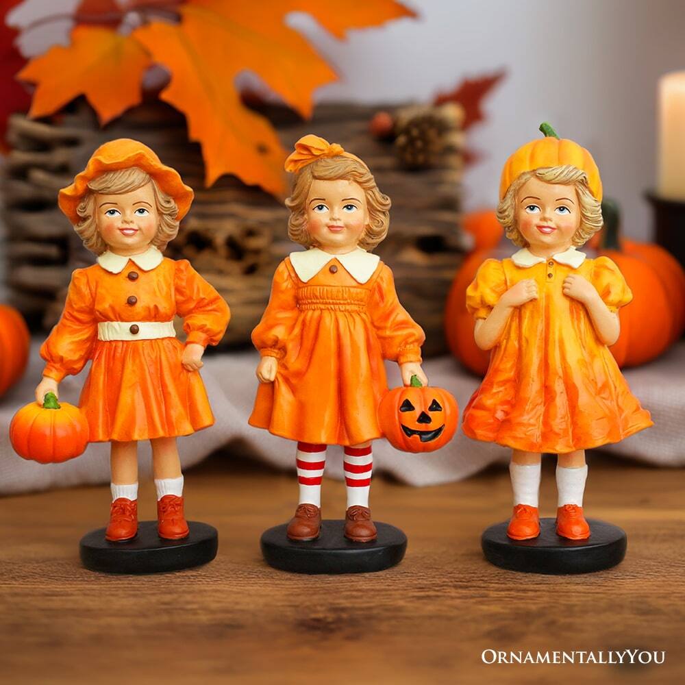Alt View 3. OrnamentallyYou - Inviting Pumpkin Girl Trio Set of Figurines, 6" Victorian Autumn Fall and Halloween Table Decoration - Orange.