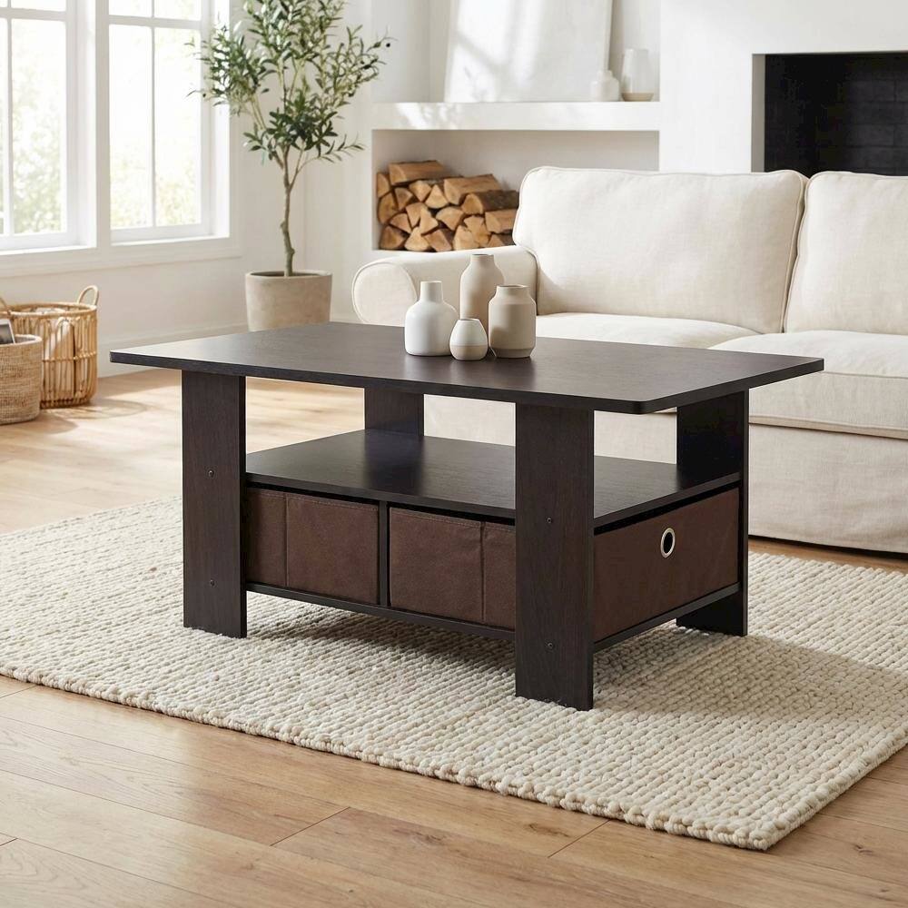 Left. FurniFact - Dark Walnut Coffee Table with Bin Drawer and Compact Storage Surface 11158DWN - Dark Walnut.