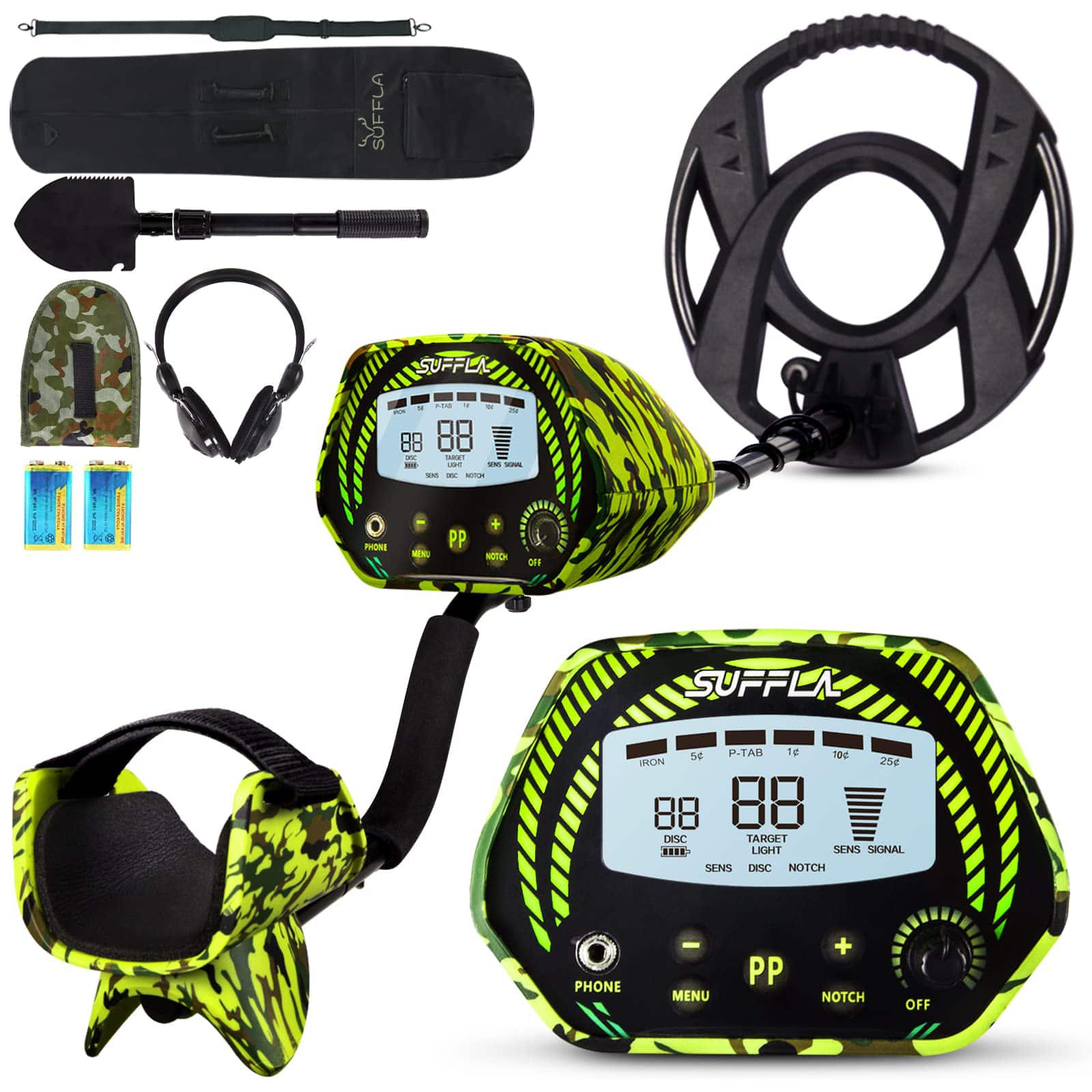 Suffla - 41-52 in. Metal Detector with Adjustable LCD Display, Waterproof Search Coil, 5 Operation Modes - Green Camouflage