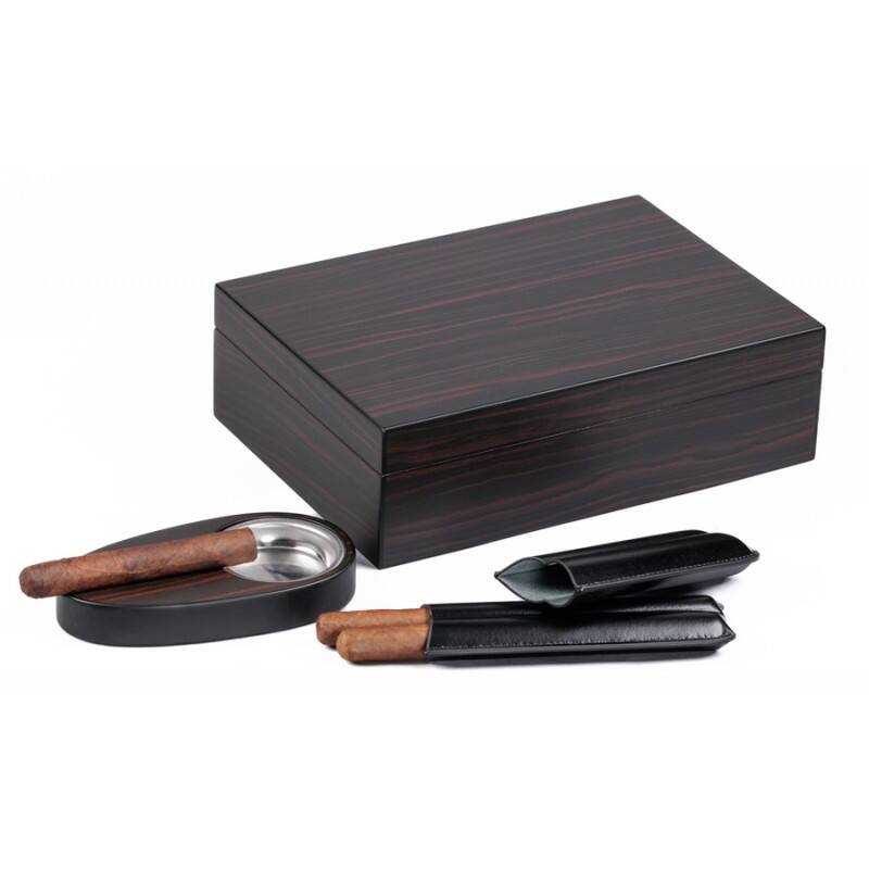 Left. Prestige - Davenport Humidor Gift Set - Rich Ebony Wood Finish.