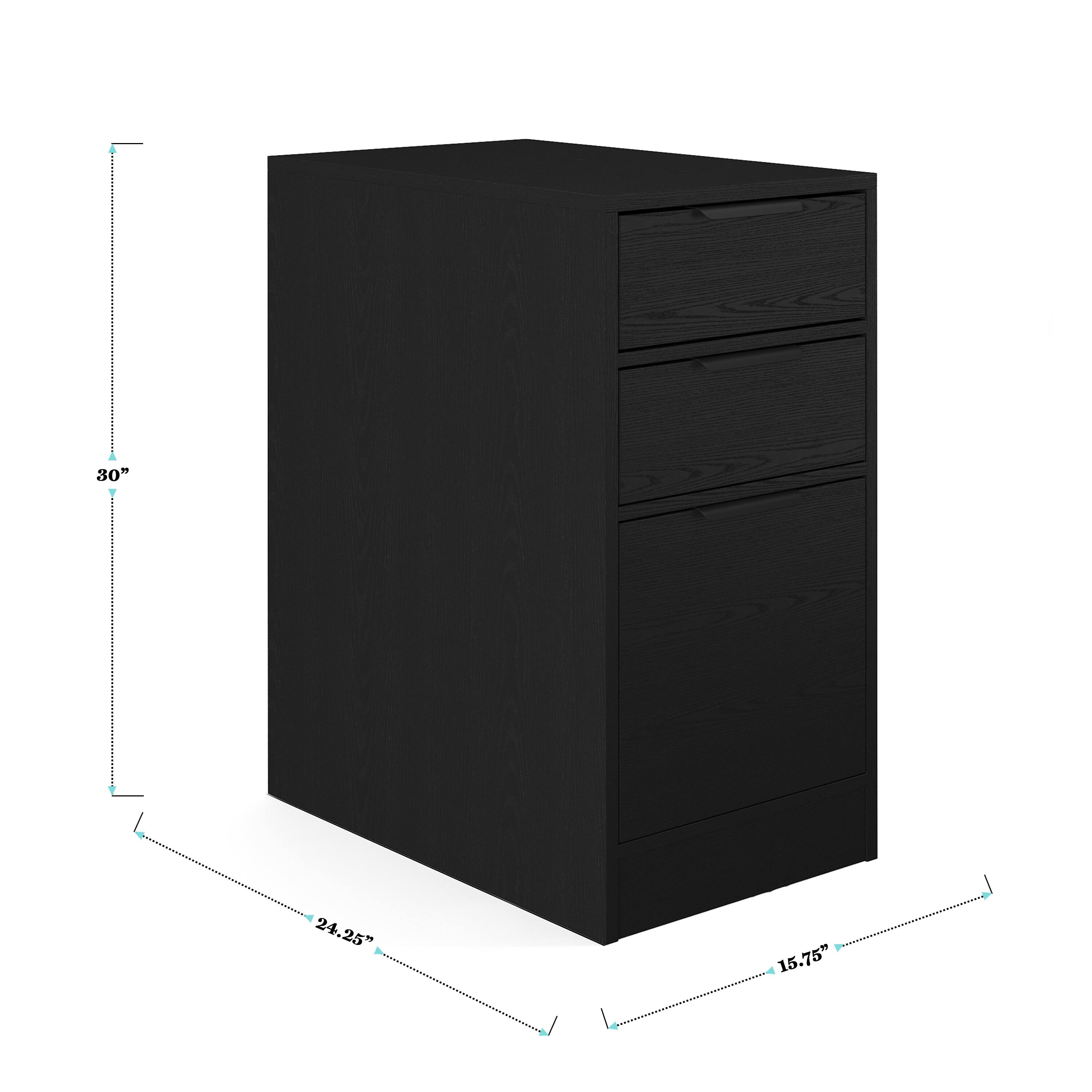 The text on the image reads "30" 24.25" 15.75". This suggests that the dimensions of the black dresser are 30 inches in height, 24.25 inches in width, and 15.75 inches in depth.