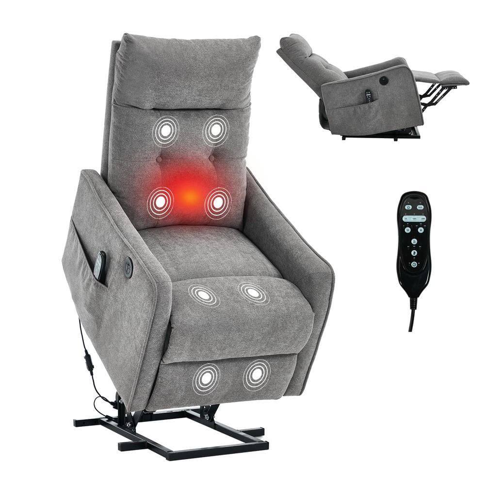 Angle. Kadyn - Power Lift Recliner Chair, Single Motor Massage & Heat, USB Port, 155° Recline, Chenille Fabric, Light Gray - Gray.