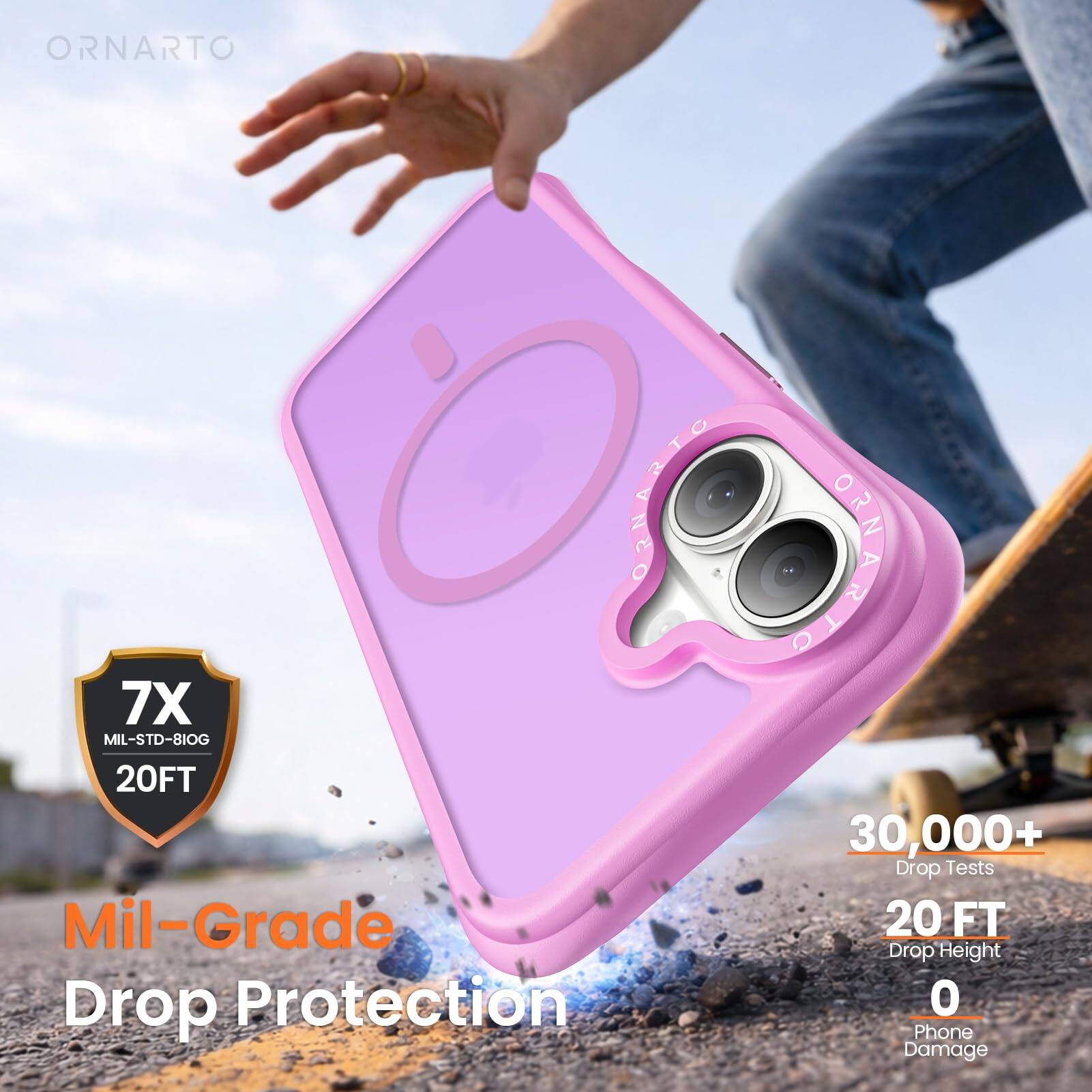 ORNARTO  
7X MIL-STD-810G 20FT  
Mil-Grade Drop Protection  
30,000+ Drop Tests  
20 FT Drop Height  
0 Phone Damage
