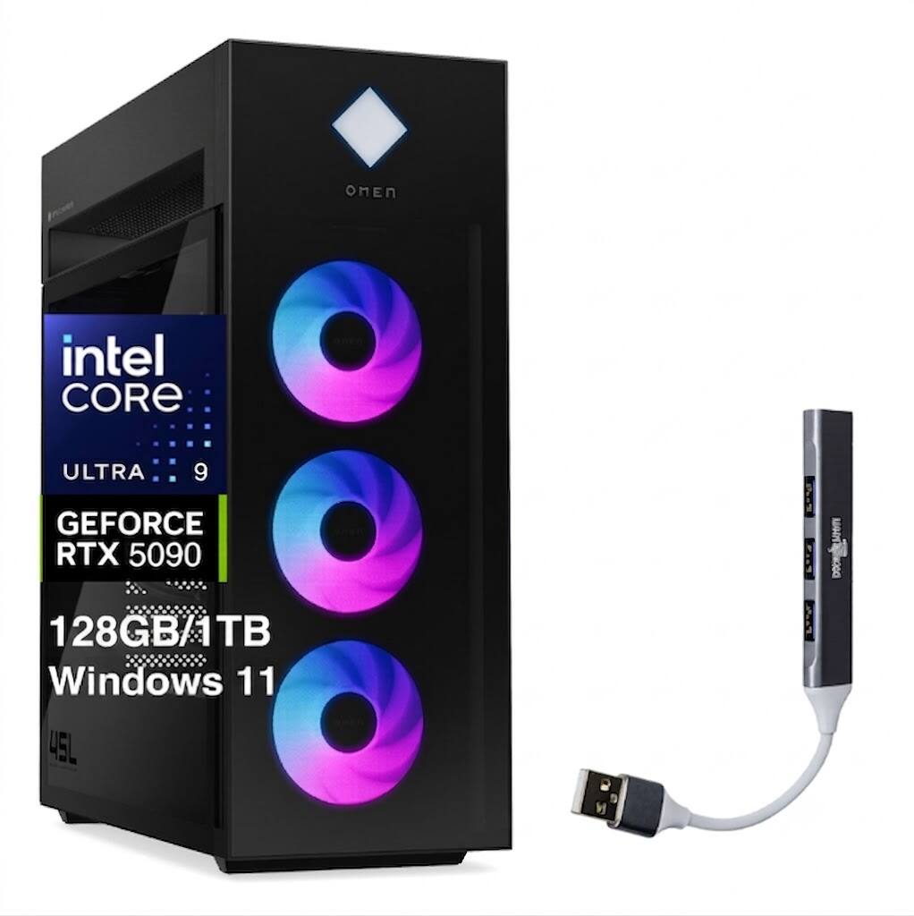 HP - OMEN 45L Desktop PC (Ultra 9- 285K, 128GB, 1TB SSD, GeForce RTX 5090, Thunderbolt 4, Win 11 Home) w/USB Hub - Black