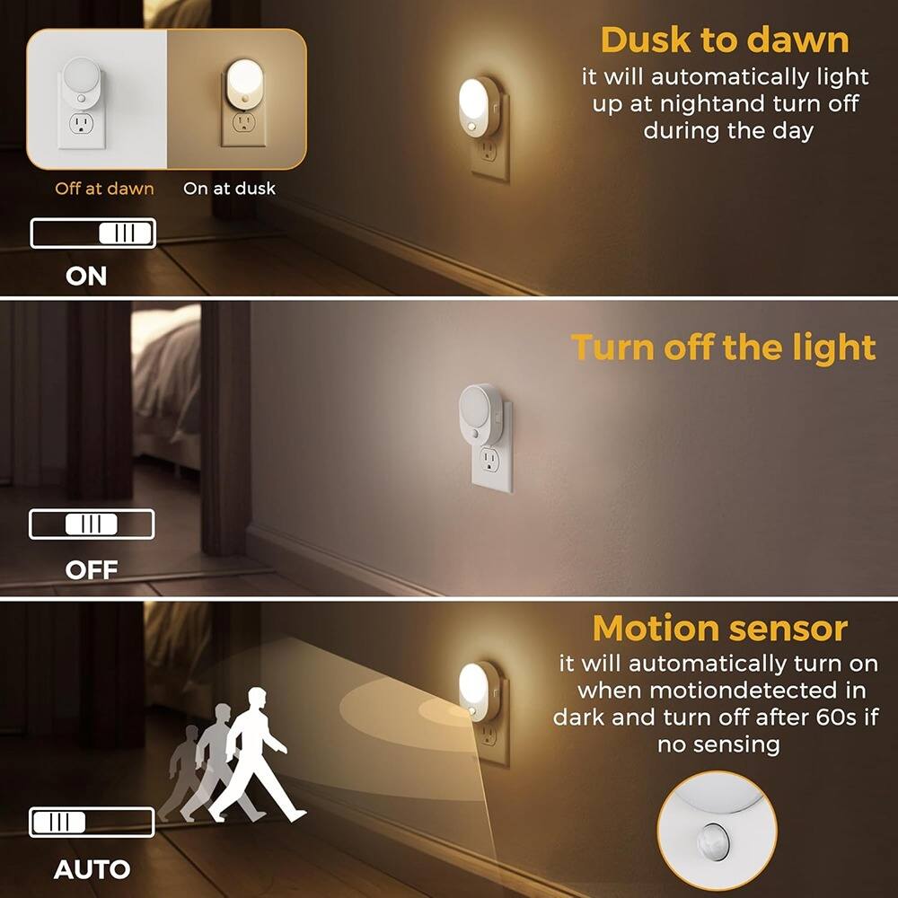 Dusk to dawn  
it will automatically light up at night and turn off during the day

Off at dawn  
On at dusk

Turn off the light

Motion sensor  
it will automatically turn on when motion is detected in dark and turn off after 60s if no sensing

ON  
OFF  
AUTO