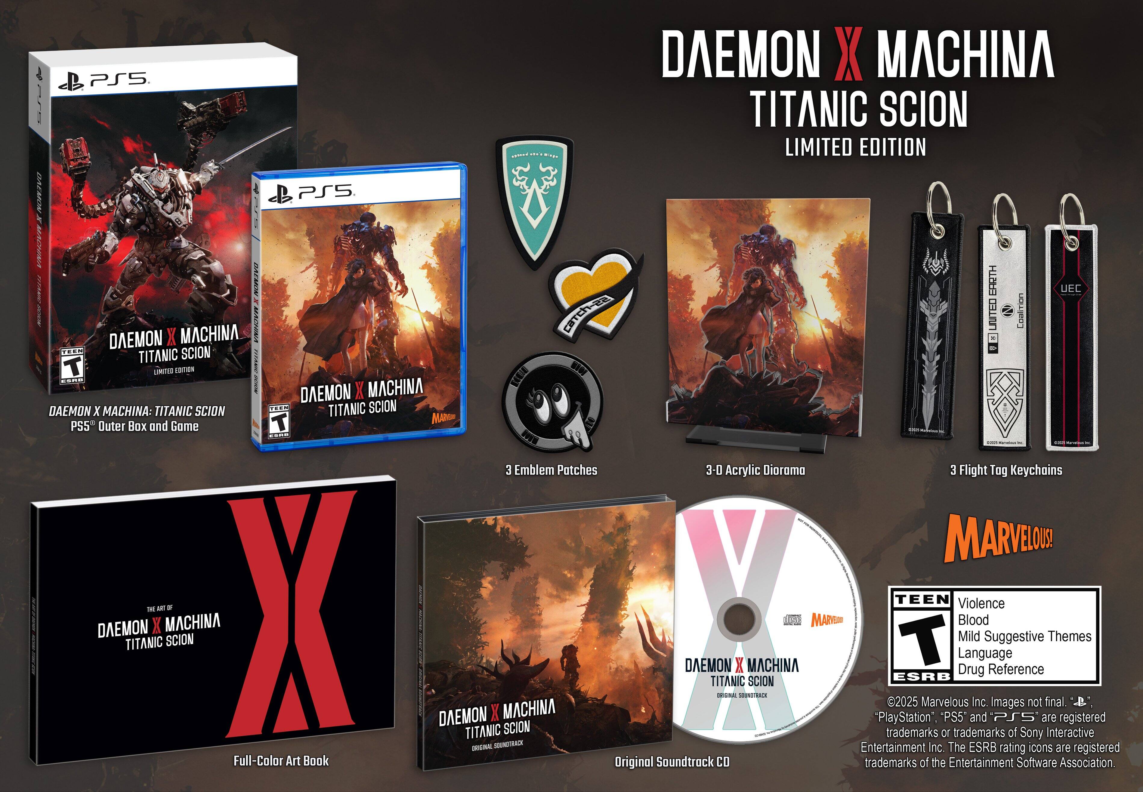 The image shows a collection of items related to the game Daemon X Machina, which includes a PS5 game, a limited edition box, an outer box, and a game. There are also three emblem patches, three acrylic dioramas, three flight tag keychains, and a soundtrack CD. The items are arranged in a visually appealing manner, showcasing the various components of the game's limited edition package.