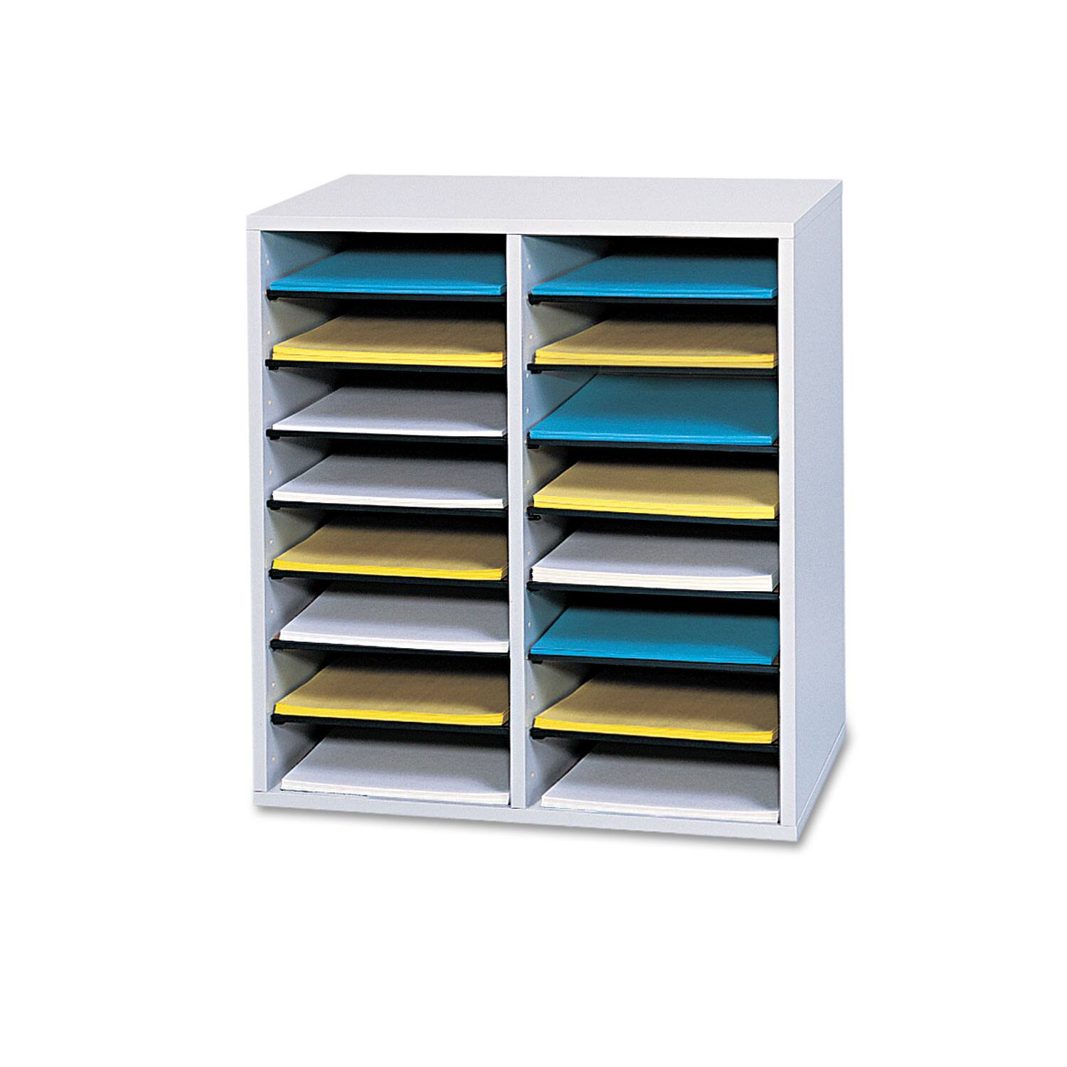 Angle. Safco - Safco Wood/Laminate Literature/CD Sorter, 16 Compartments, 19.5 x 11.75 x 21, Gray Wood.