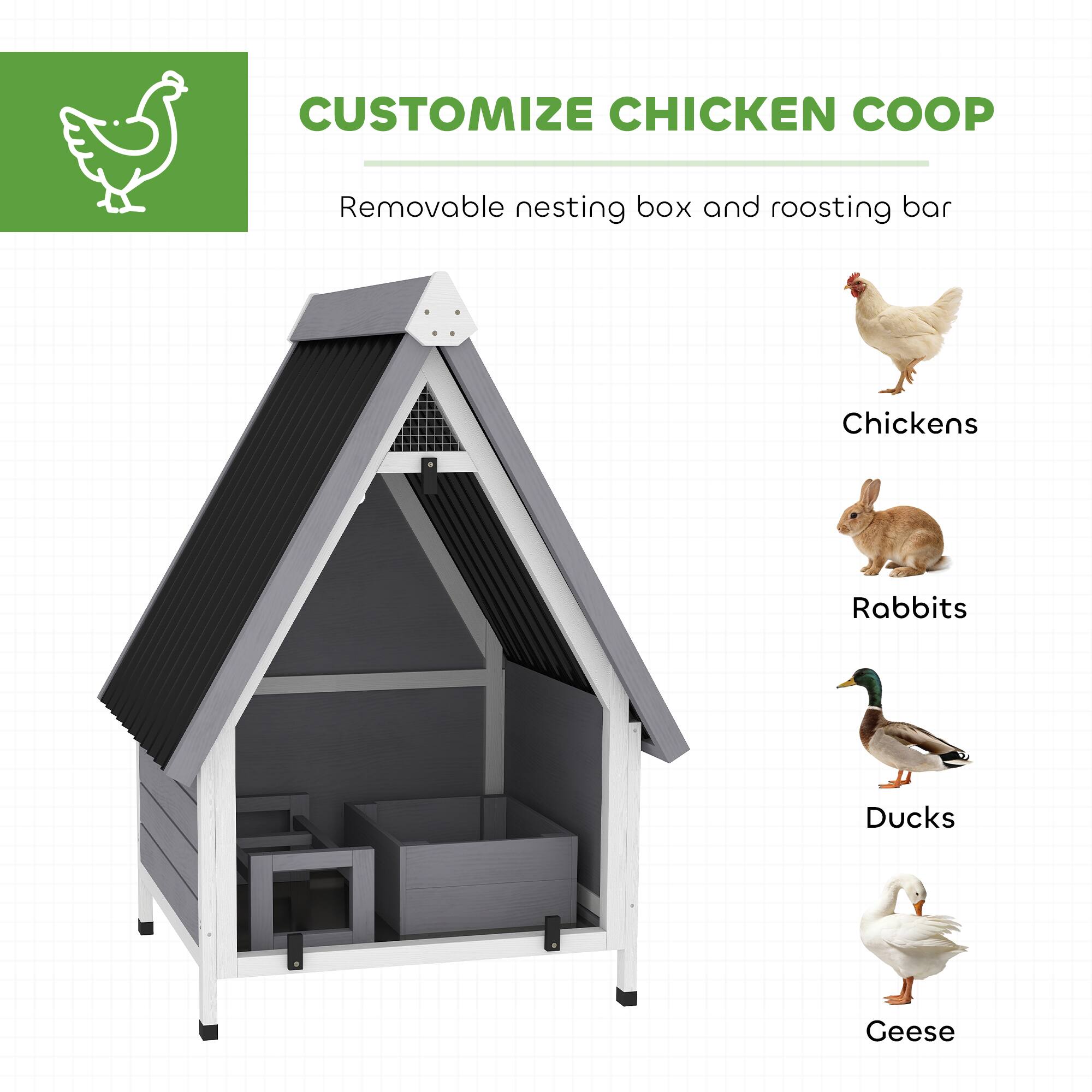 CUSTOMIZE CHICKEN COOP  
Removable nesting box and roosting bar  

Chickens  
Rabbits  
Ducks  
Geese