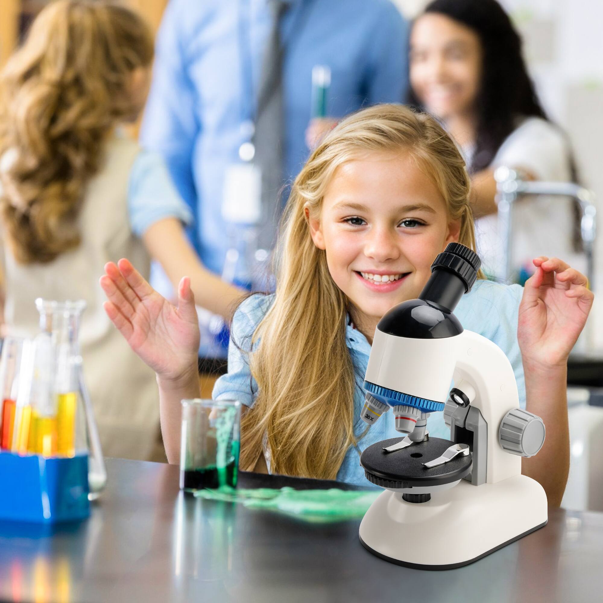 Angle. Topteng - Rotating Microscope for Kids,100X-1200X Magnification with LED Light & Specimen Slides,Educational Science Toy Kit,White.