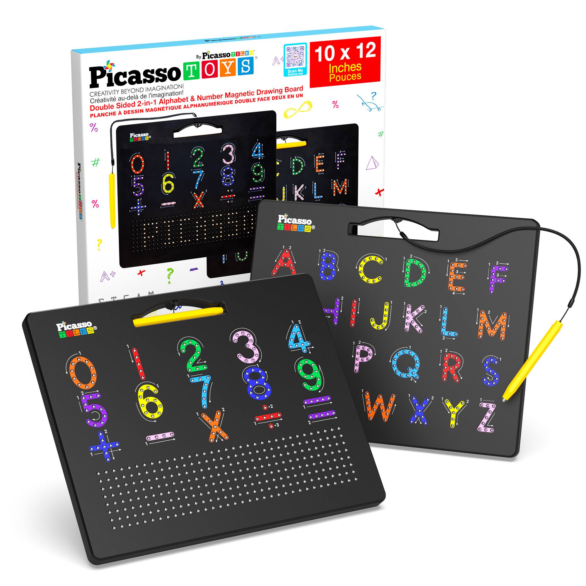 By Picasso  
10 x 12 Inches / Pouce  
Picasso Toys  
Creativity Beyond Imagination!  
Drawing Board  
Double Sided 2-in-1 Alphabet & Number Magnetic  
Planchette à Dessin Magnétique Alphanumérique Double Face  
Picasso  
0 1 2 3 4 5 6 7 8 9  
A B C D E F G H I J K L M N O P Q R S T U V W X Y Z  
# % ?  
Picasso
