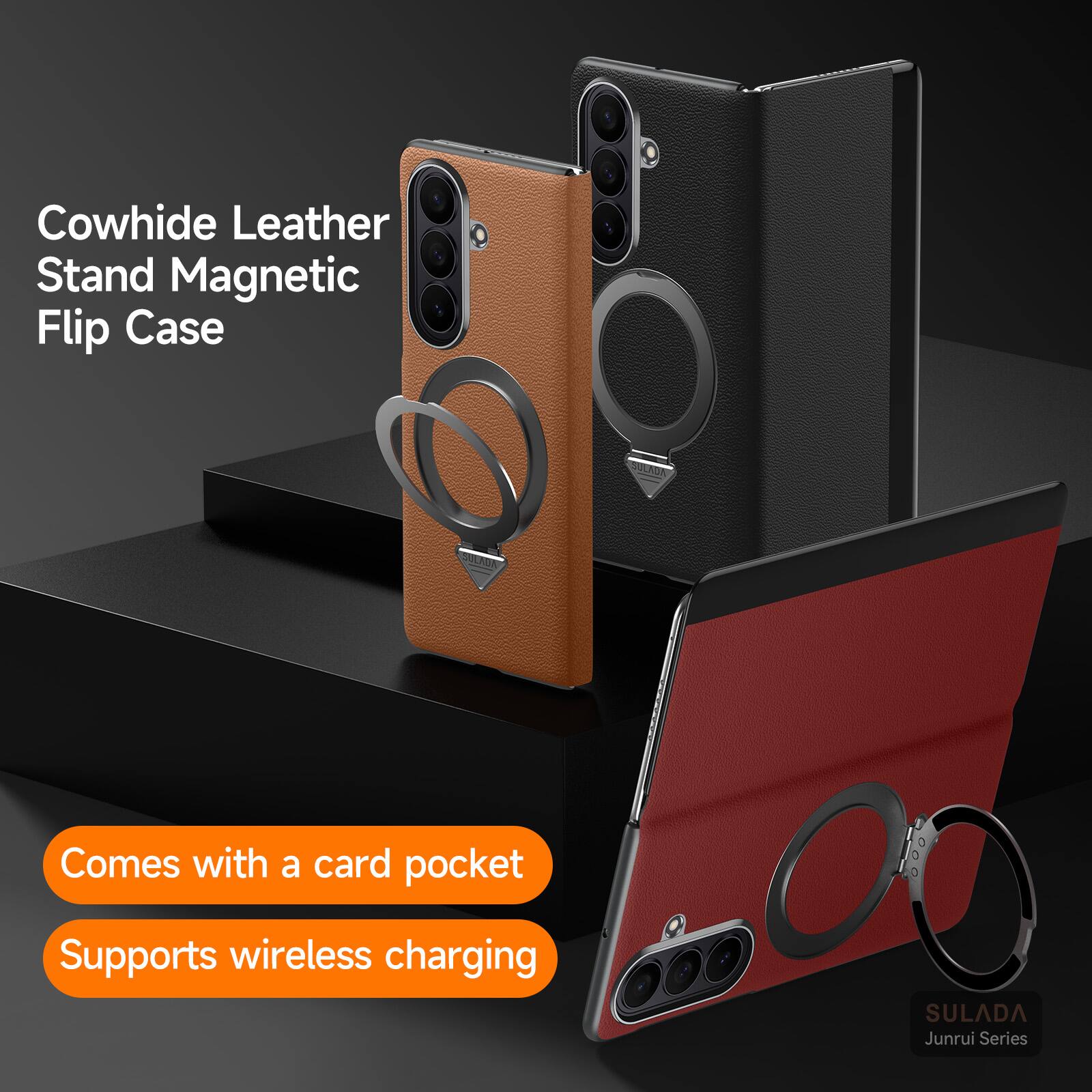 Cowhide Leather Stand Magnetic Flip Case  
SULTON  
Comes with a card pocket  
Supports wireless charging  
SULADA Junrui Series