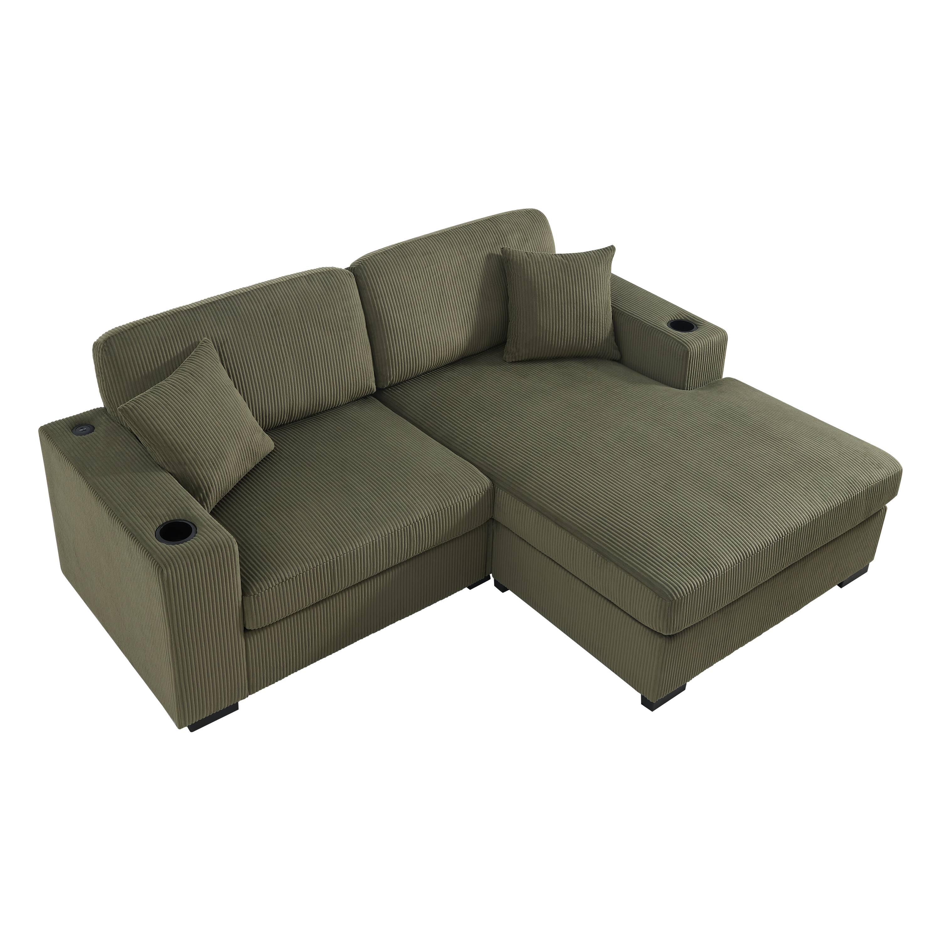 Left. Whisen - 86.5" L-Shaped Corduroy Sectional Sofa with Chaise & Cup Holders for Living Room - Green.