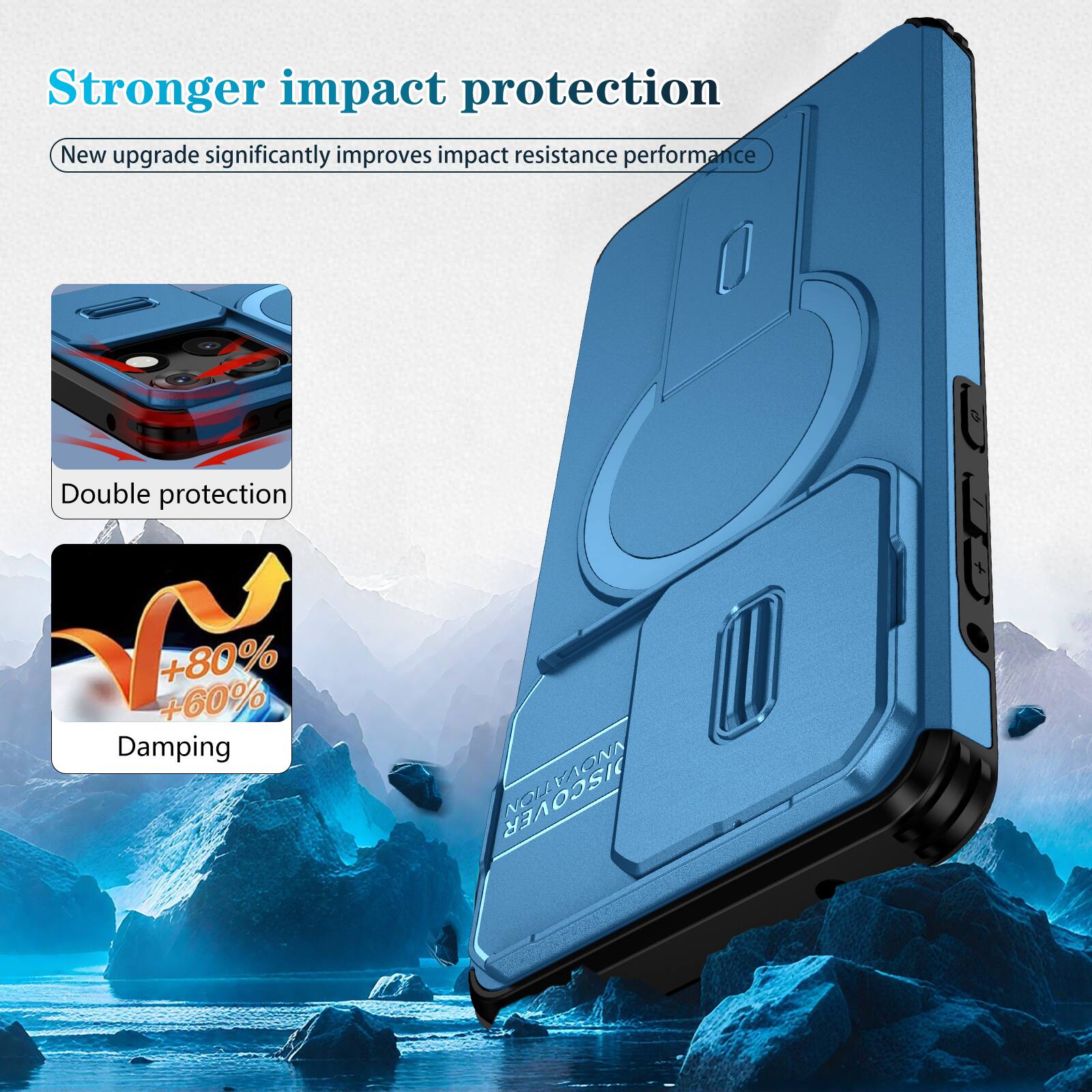 Stronger impact protection  
New upgrade significantly improves impact resistance performance  
Double protection  
+80% +60% Damping