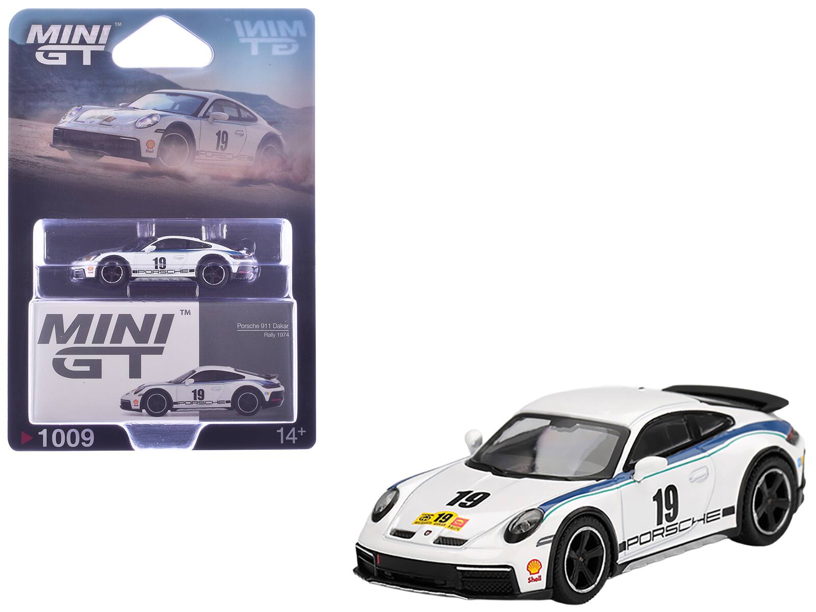 True Scale Miniatures - Porsche 911 Dakar #19 "Rally 1974" Tribute Livery White with Blue Stripes Limited Edition 1/64 Model Car by Mini GT
