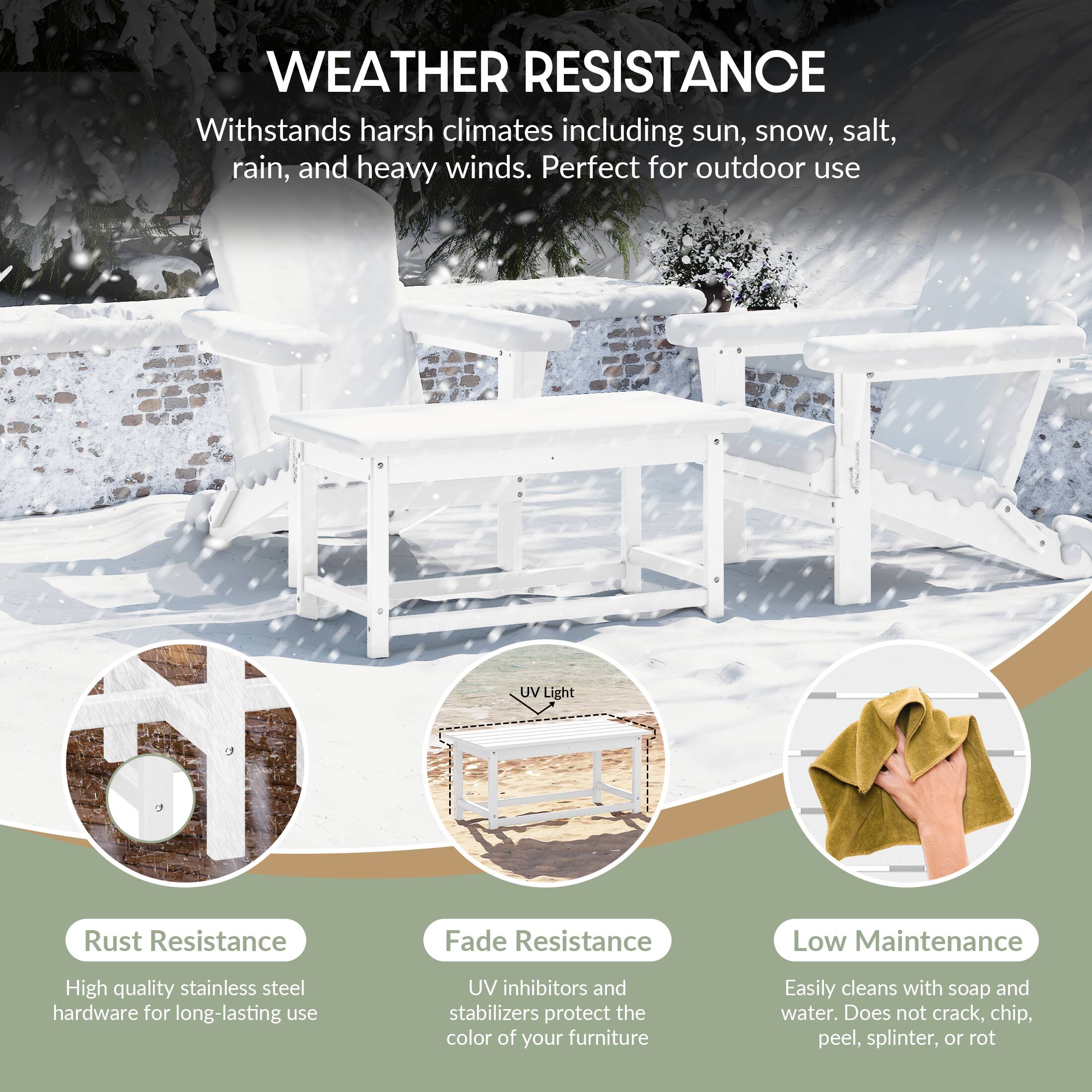 WEATHER RESISTANCE  
Withstands harsh climates including sun, snow, salt, rain, and heavy winds. Perfect for outdoor use.

- Rust Resistance  
  High quality stainless steel hardware for long-lasting use

- Fade Resistance  
  UV inhibitors and stabilizers protect the color of your furniture

- Low Maintenance  
  Easily cleans with soap and water. Does not crack, chip, peel, splinter, or rot