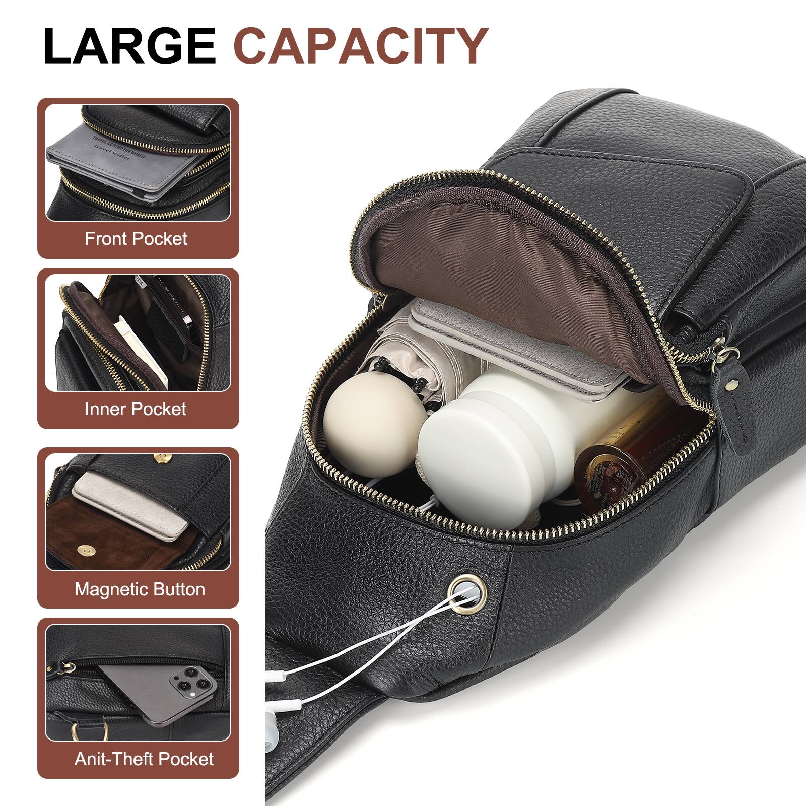 LARGE CAPACITY

- Front Pocket
- Inner Pocket
- Magnetic Button
- Anti-Theft Pocket
