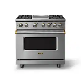 Viking - 36"W. Pro5S 5.6 Cu. Ft. Freestanding Self-Clean Sealed 4B Dual Fuel Convection Range/Grdl-Stainless Steel/Brushed Brass - Stainless Steel