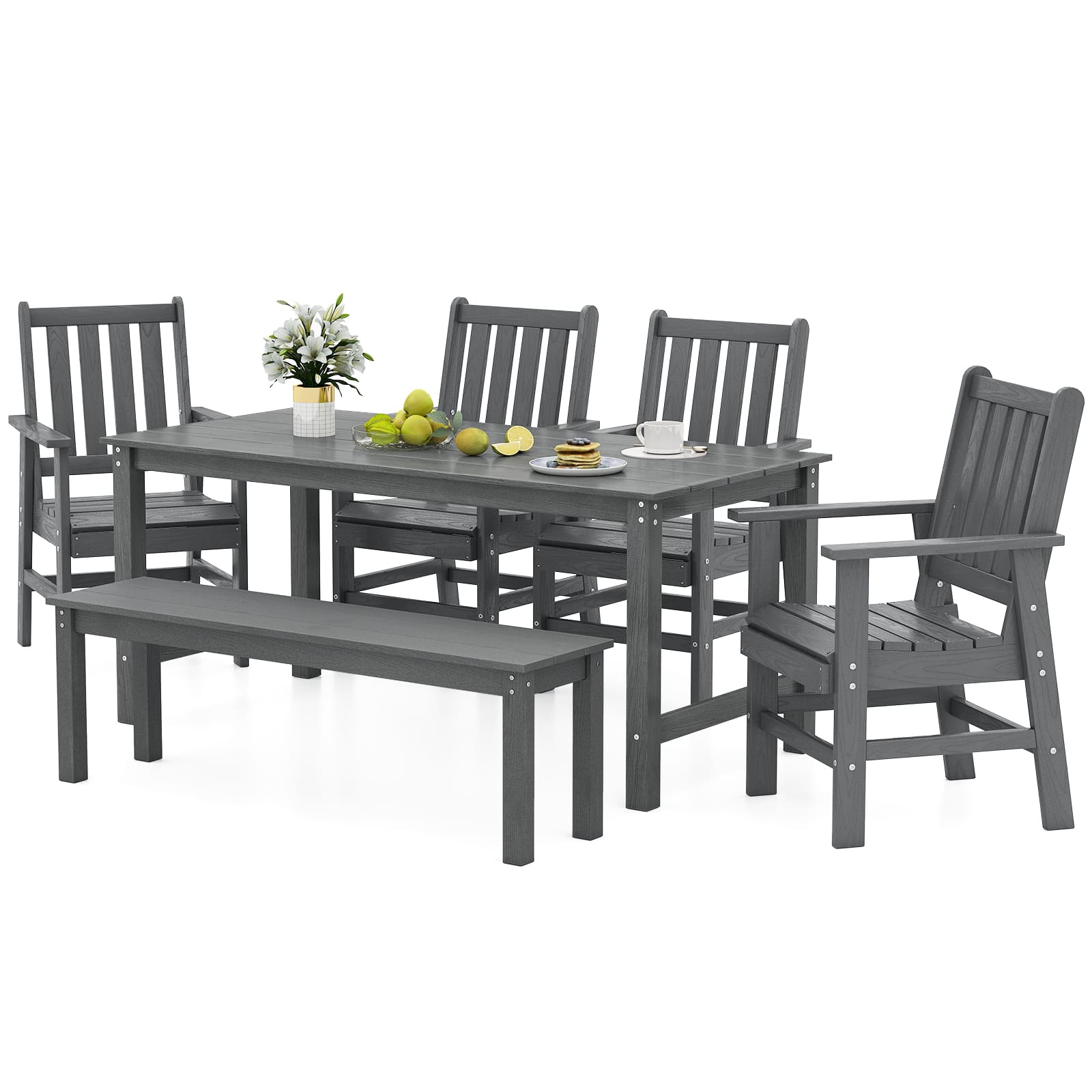 Gymax - 6PCS Patio Dining Bench Set Outdoor HDPE Weather Resistant Table & Chairs Set - Gray