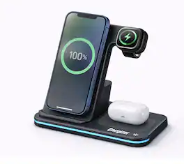 Energizer - 3-in-1 15W Foldable Qi Certified Wireless Fast 15W Charger, Charging Station/Stand for iPhone + AirPods + Apple Watch - Black
