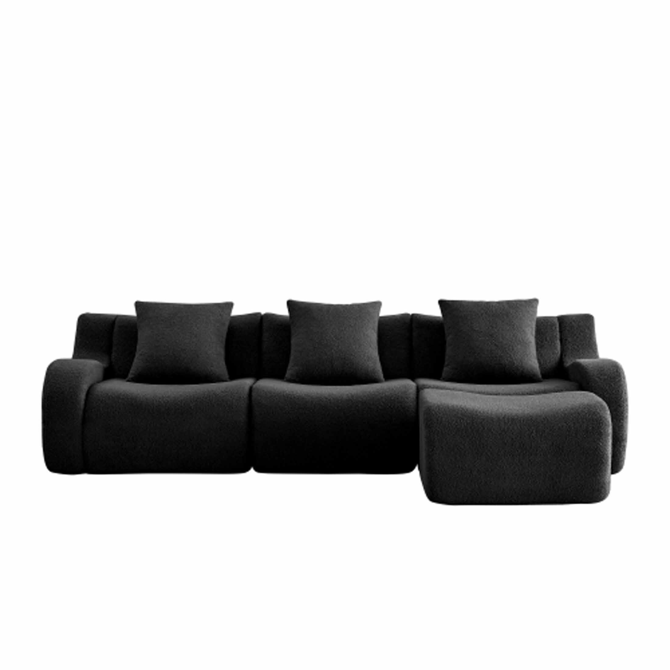 Alt View 1. Aukfa - Modular Teddy Fabric Sofa - 3-Seat Sectional with 1 Ottoman, Soft Boneless Design for Living Room - Black.