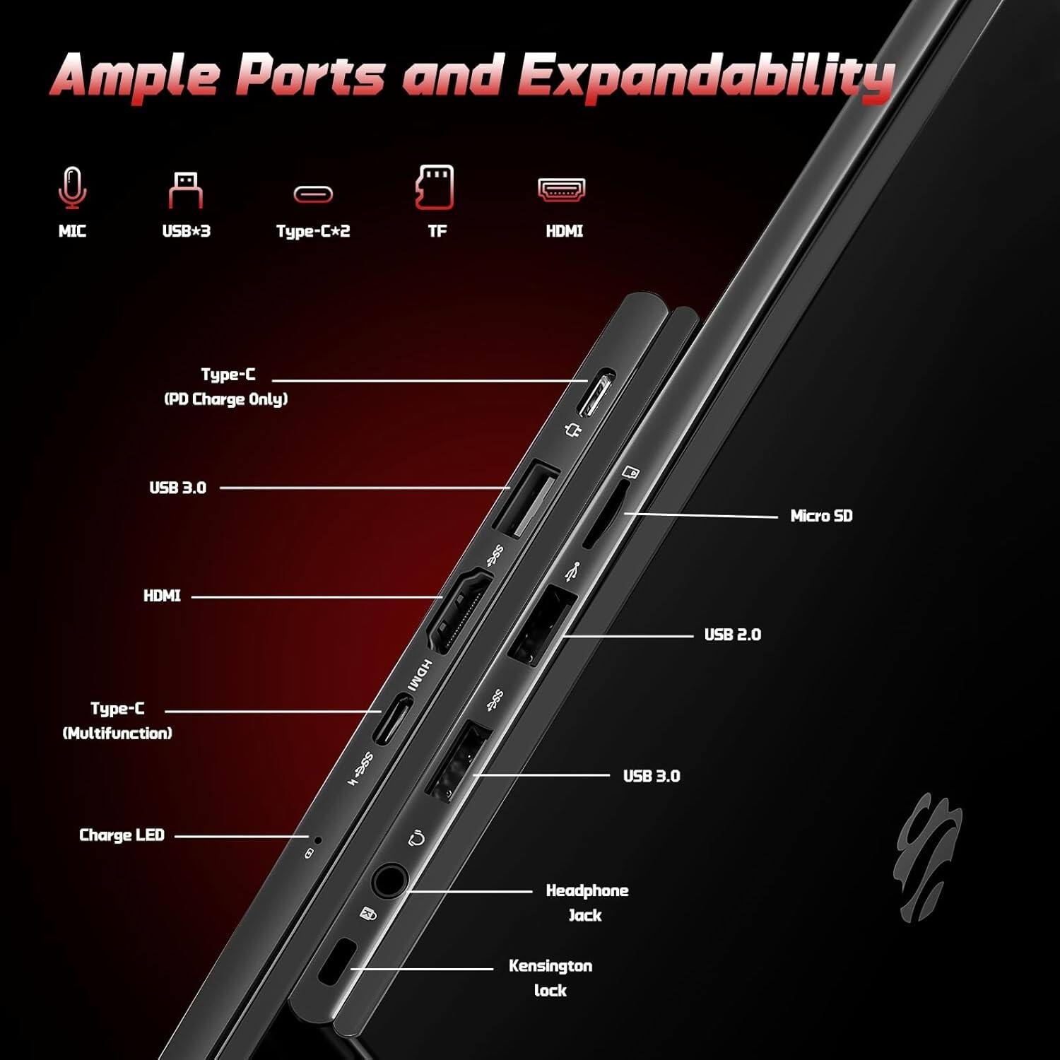 Ample Ports and Expandability

- MIC
- USB*3
- Type-C*2
- TF
- HDMI

Type-C (PD Charge Only)
USB 3.0
HDMI
Type-C (Multifunction)
Charge LED
Headphone Jack
Kensington lock

USB 3.0
USB 2.0
Micro SD