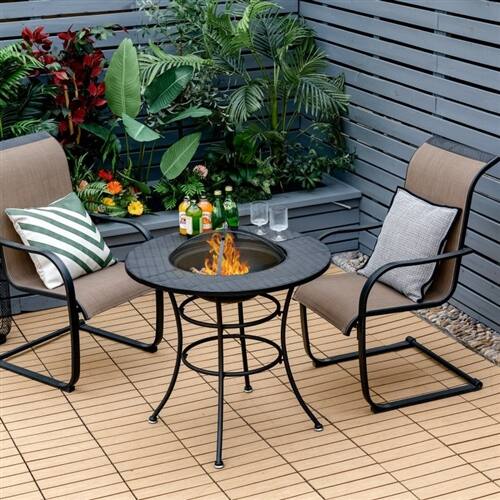 Angle. SlickBlue - 4-in-1 Fire Pit – Includes Grill, BBQ Grate, Ice Bucket, and Dining Table for Outdoor Use - Black.