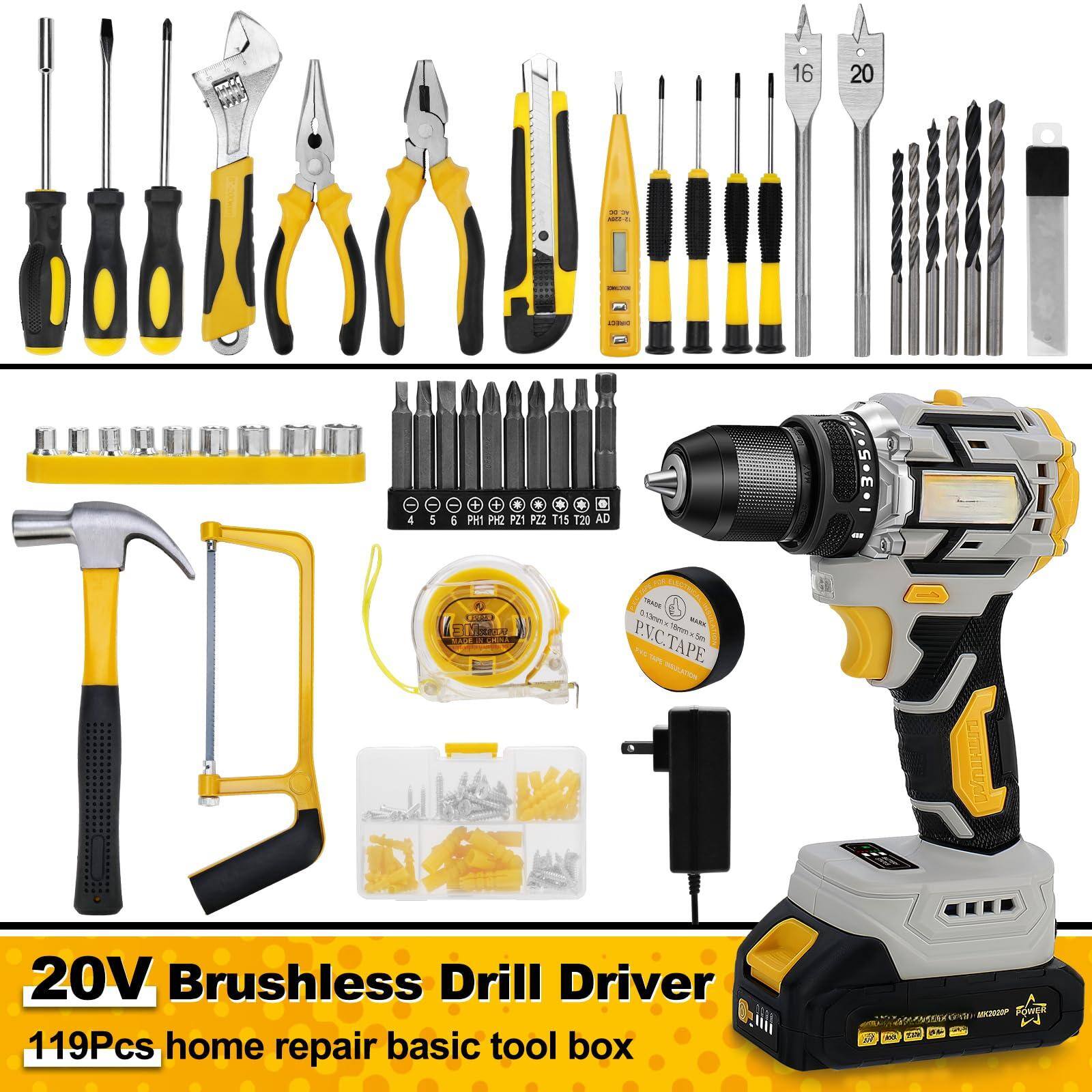 20V Brushless Drill Driver  
119Pcs home repair basic tool box